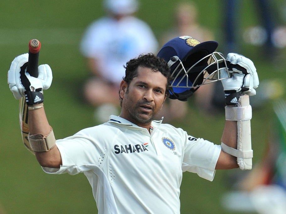 Sachin Tendulkar celebrates scoring his 50th Test century