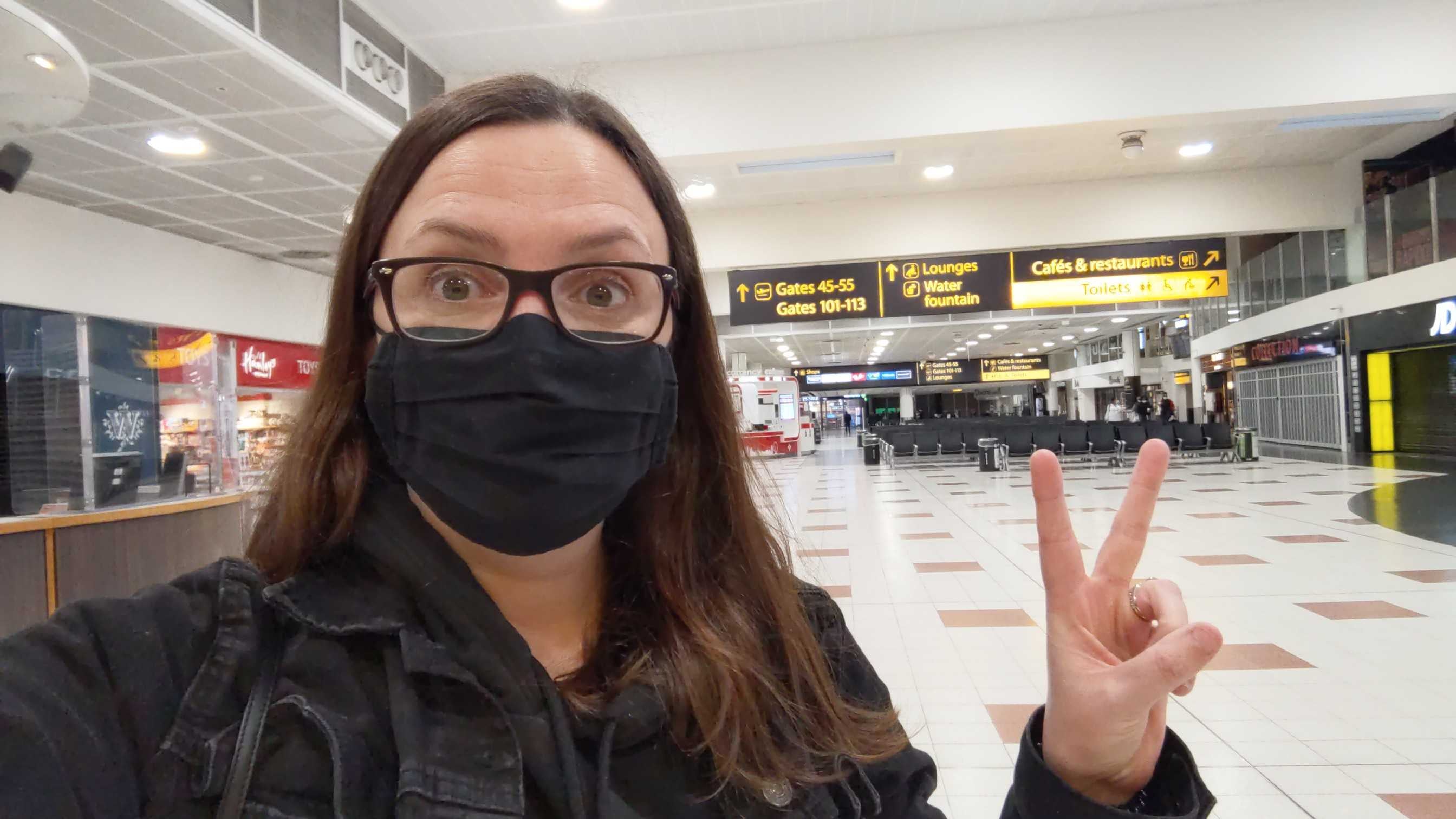 Cathy Adams in an empty Gatwick airport on 17 May