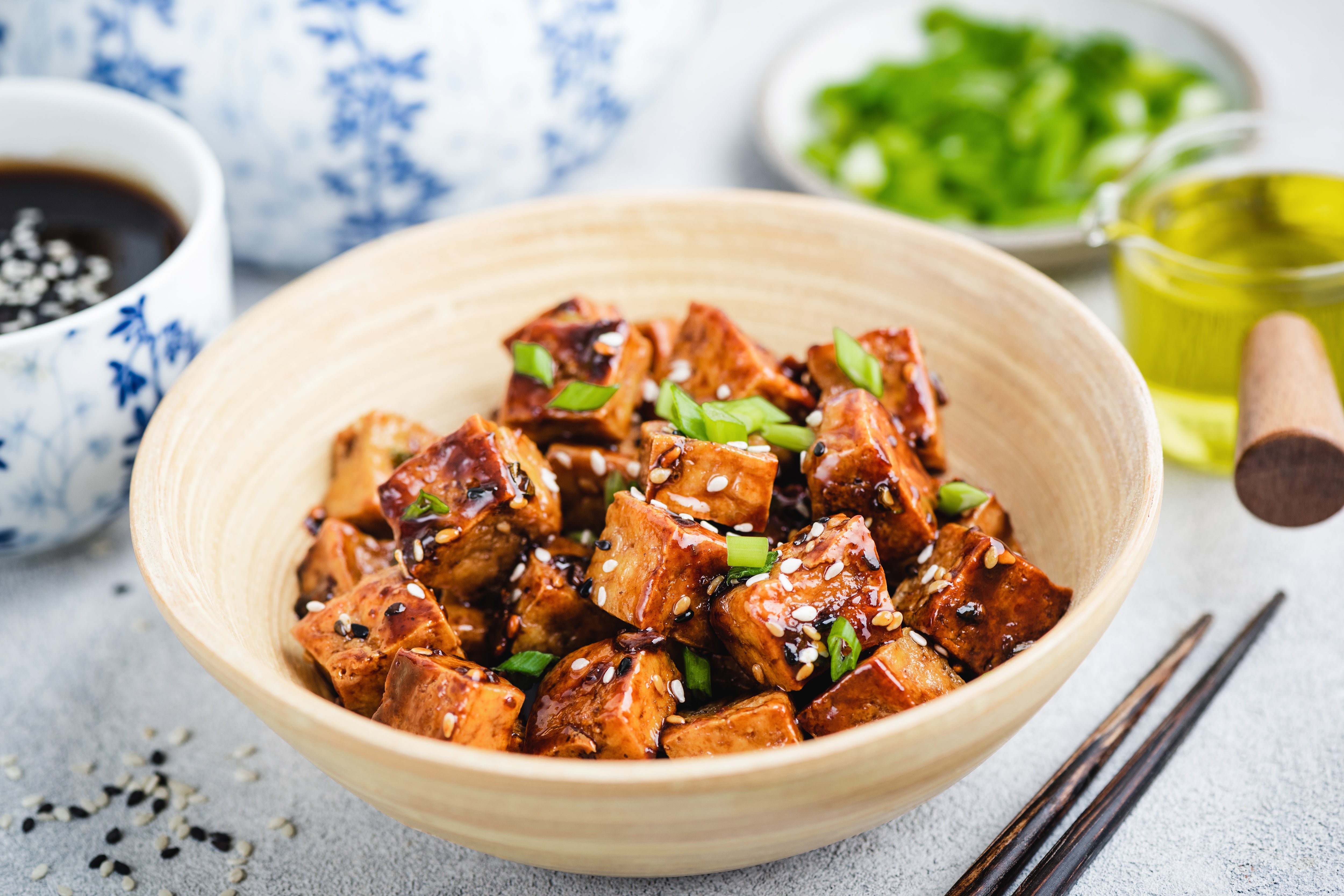 There’s deep, complex flavours at work in this glazed tofu dish