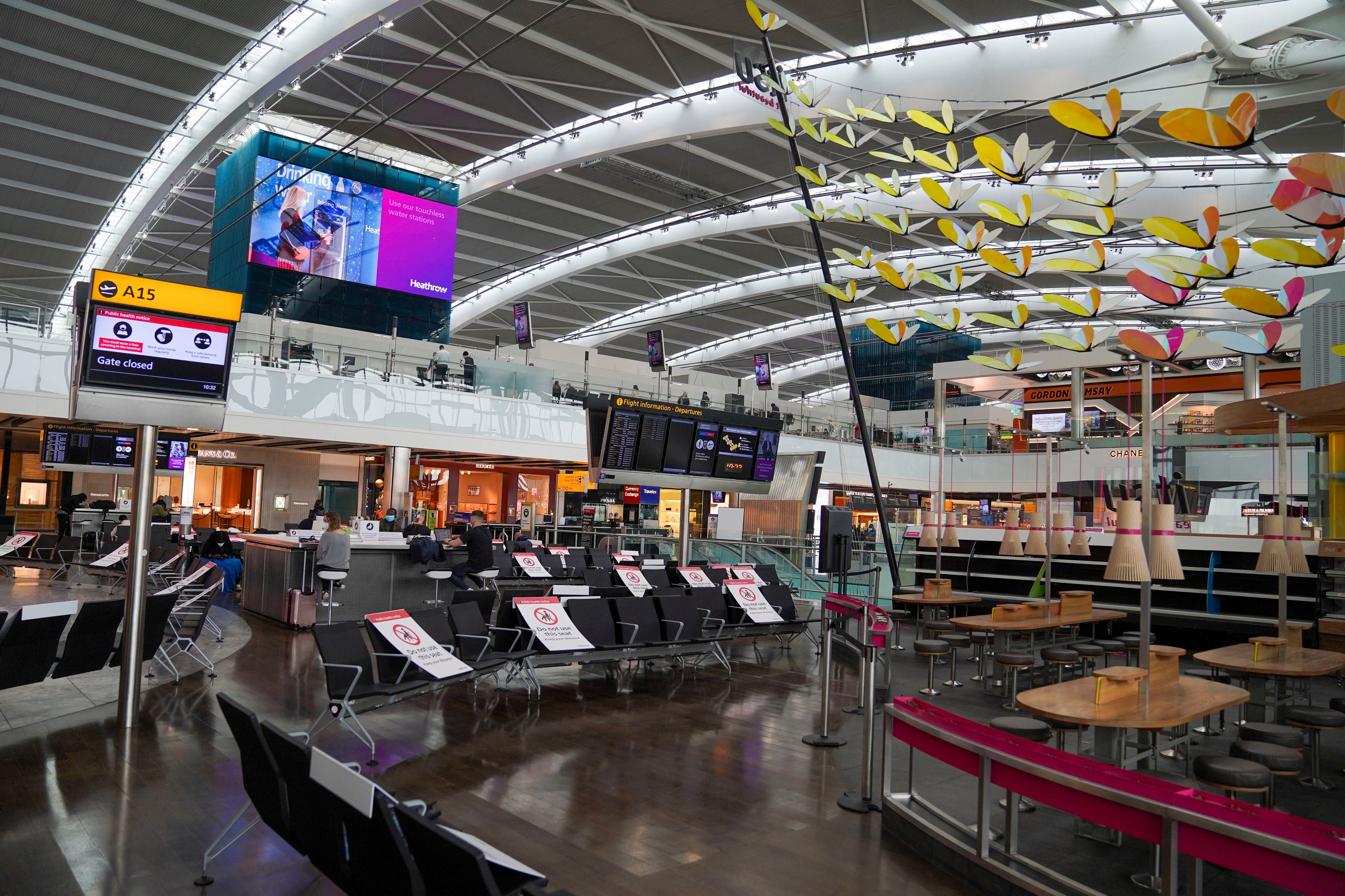 Many seats in Heathrow’s Terminal Five departures lounge were cordoned off