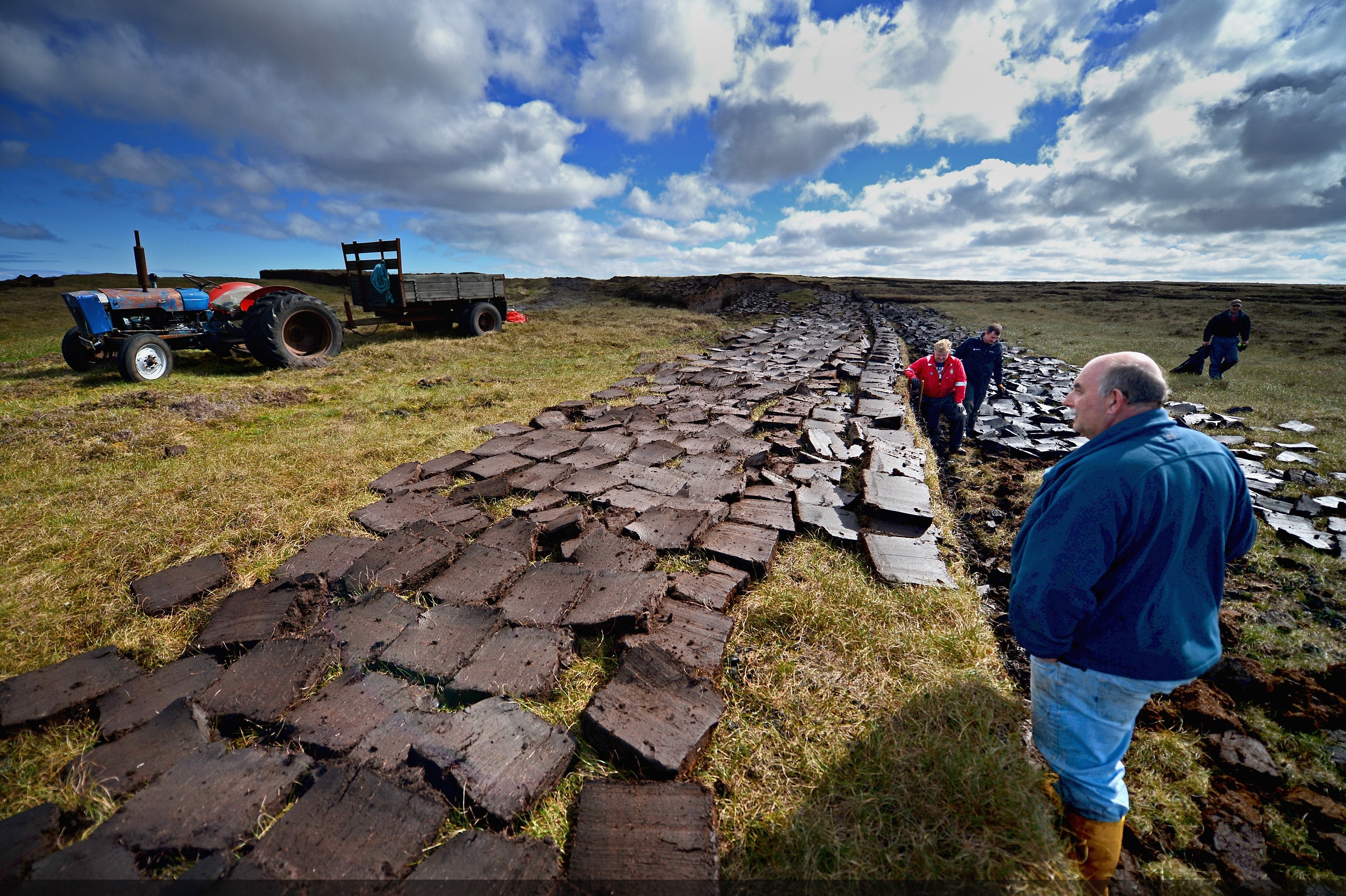 Traditional peat cutting underway in Lewis, Scotland