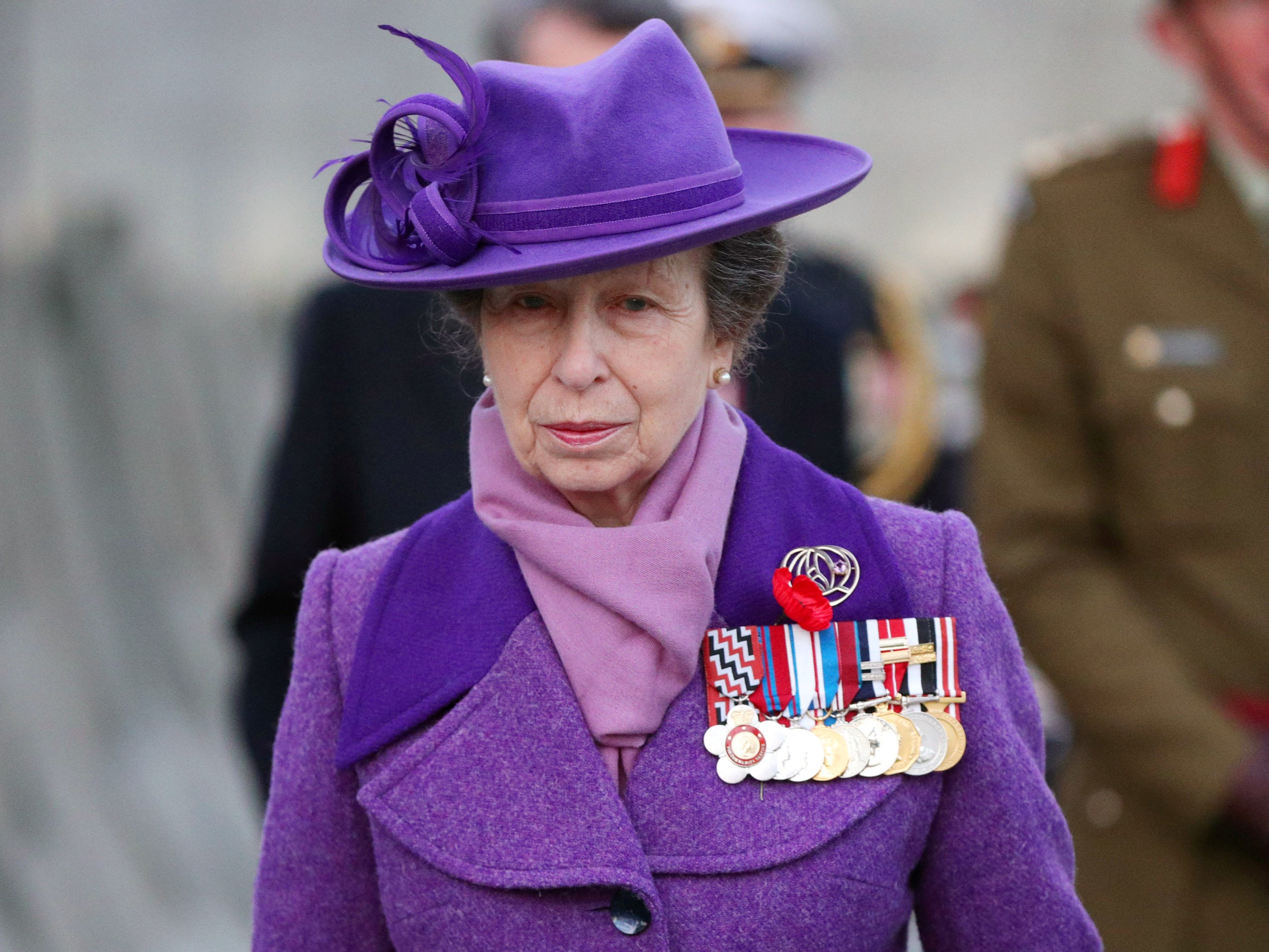 Anne, Princess Royal, walks past the Australian memorial during a Dawn Service to commemorate Anzac Day, in London