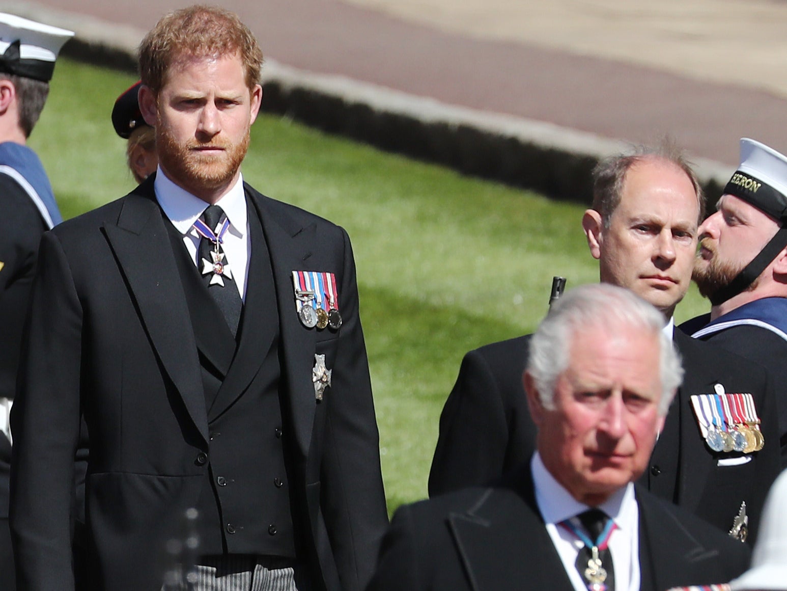 Prince Harry, Duke of Sussex, Prince Charles, Prince of Wales and Prince Edward, Earl of Wessex during the funeral of Prince Philip, Duke of Edinburgh at Windsor Castle on 17 April 2021 in Windsor