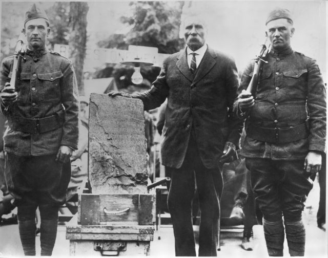 From left: Gilbert Hanson, Olof Ohman and John Eklaun at the Herman Fahlin farm to raise funds to buy a park for the stone