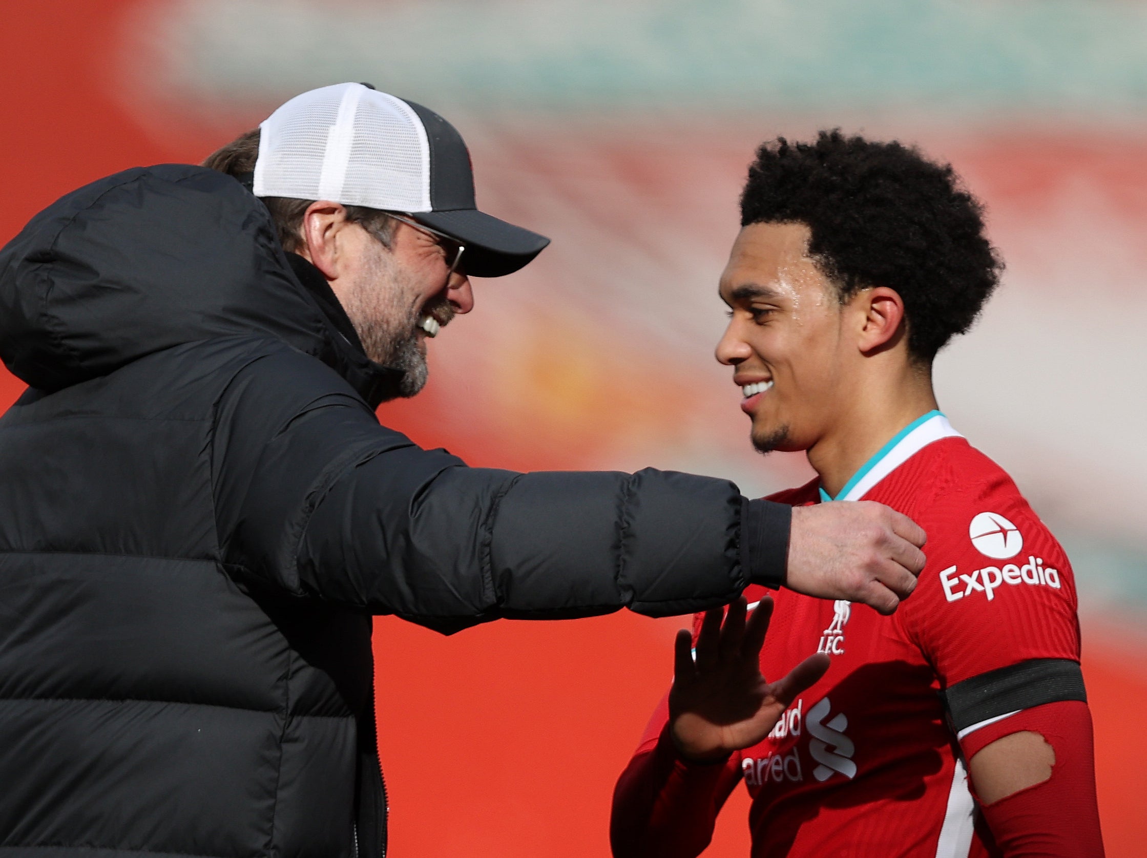 Liverpool coach Jurgen Klopp with right-back Trent Alexander-Arnold