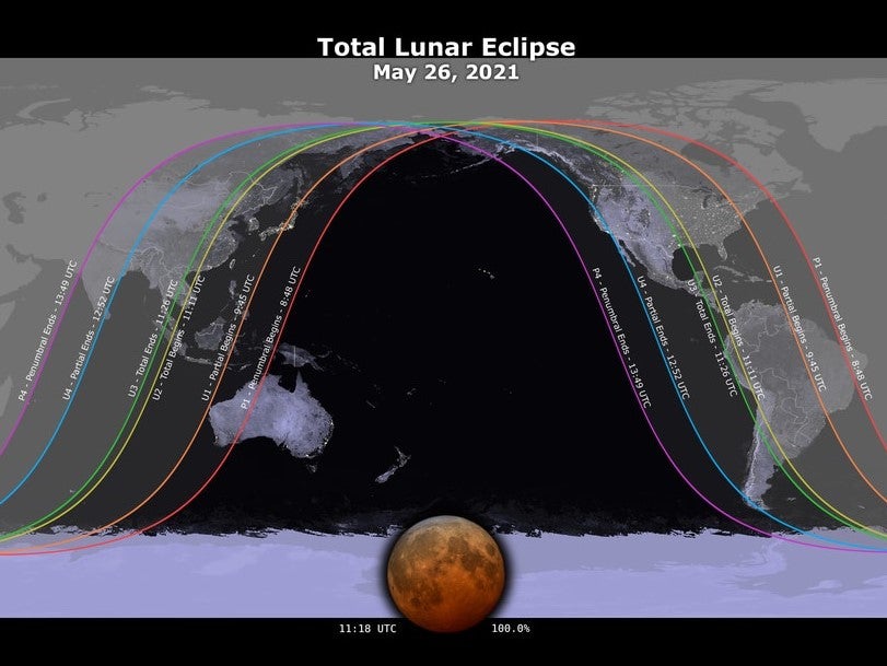 The path of the total lunar eclipse on 26 May, 2021