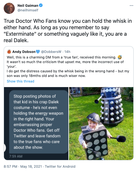 Neil Gaiman calls out ‘true Doctor Who fan’ for criticising young boy’s Dalek costume