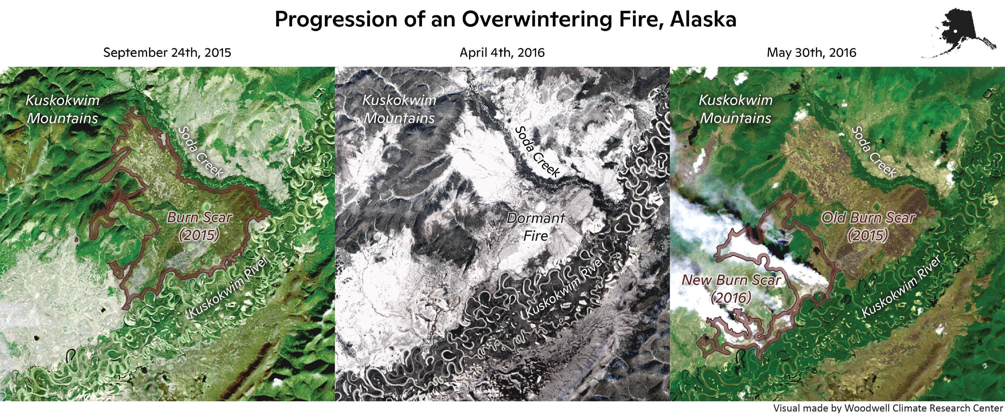 Image showing the progression of an overwintering fire in Alaska