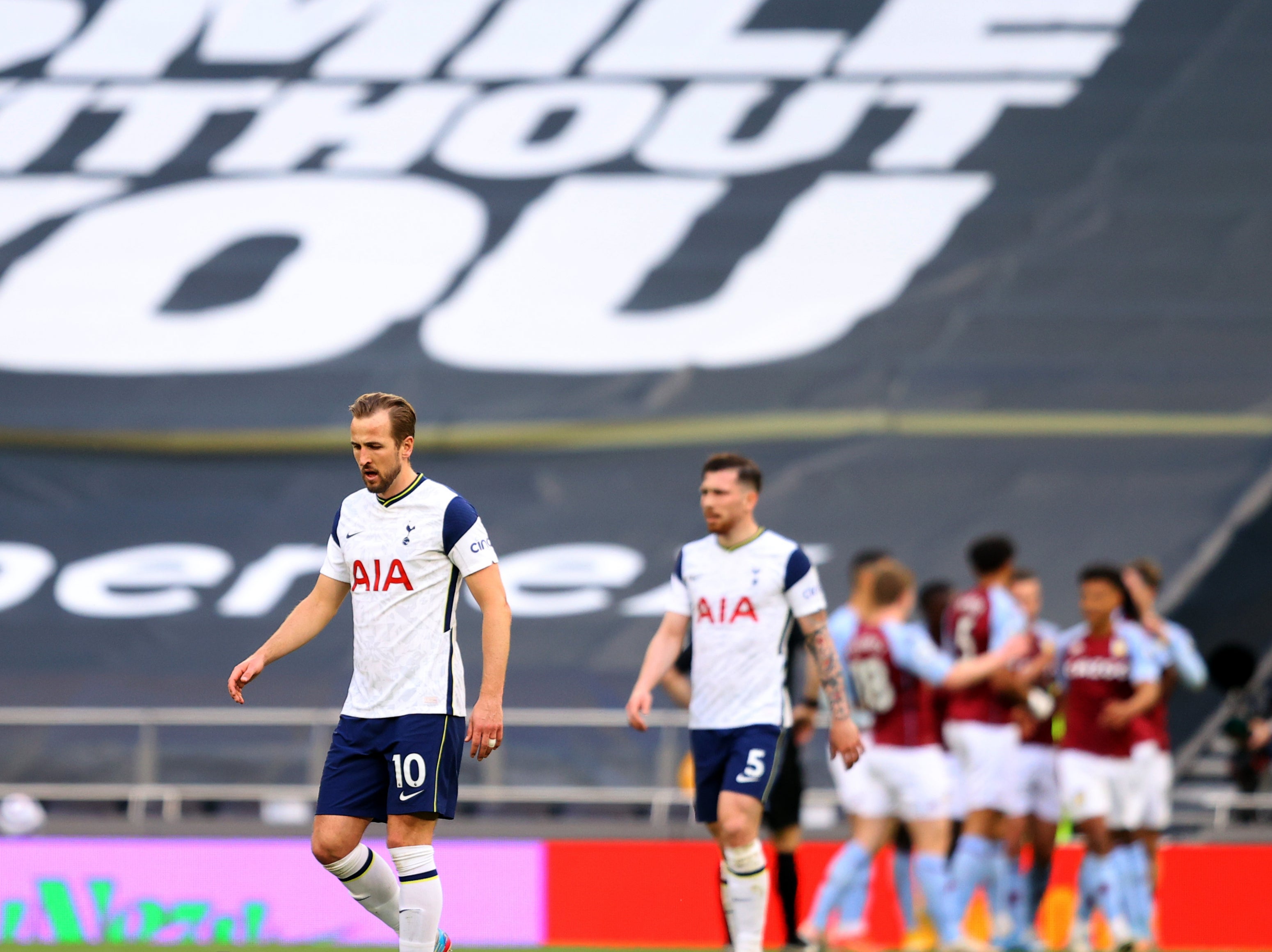 Wantaway Spurs striker Harry Kane (left) reacts to his side’s loss to Villa