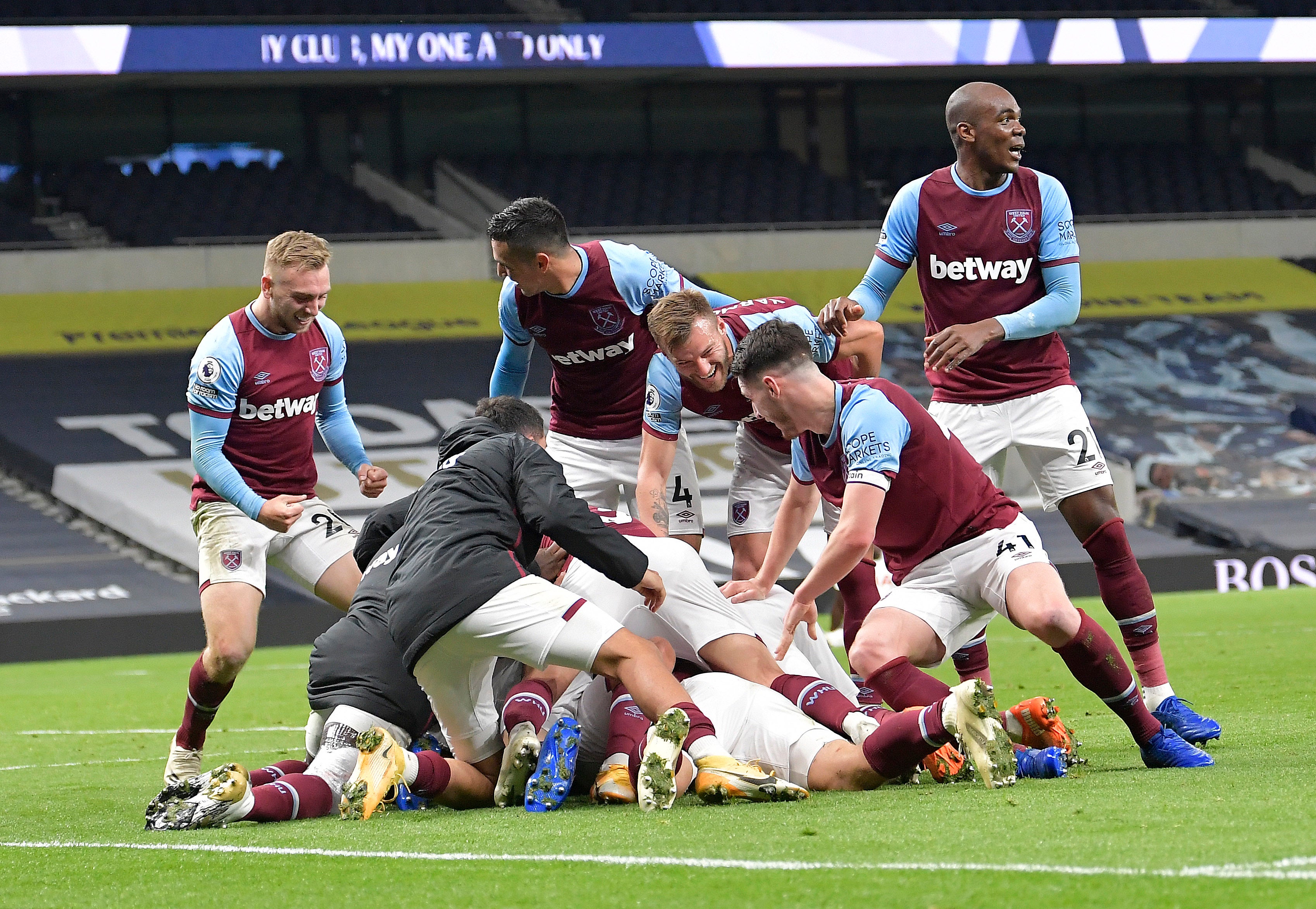 West Ham players celebrate Manuel Lanzini’s equaliser at Spurs