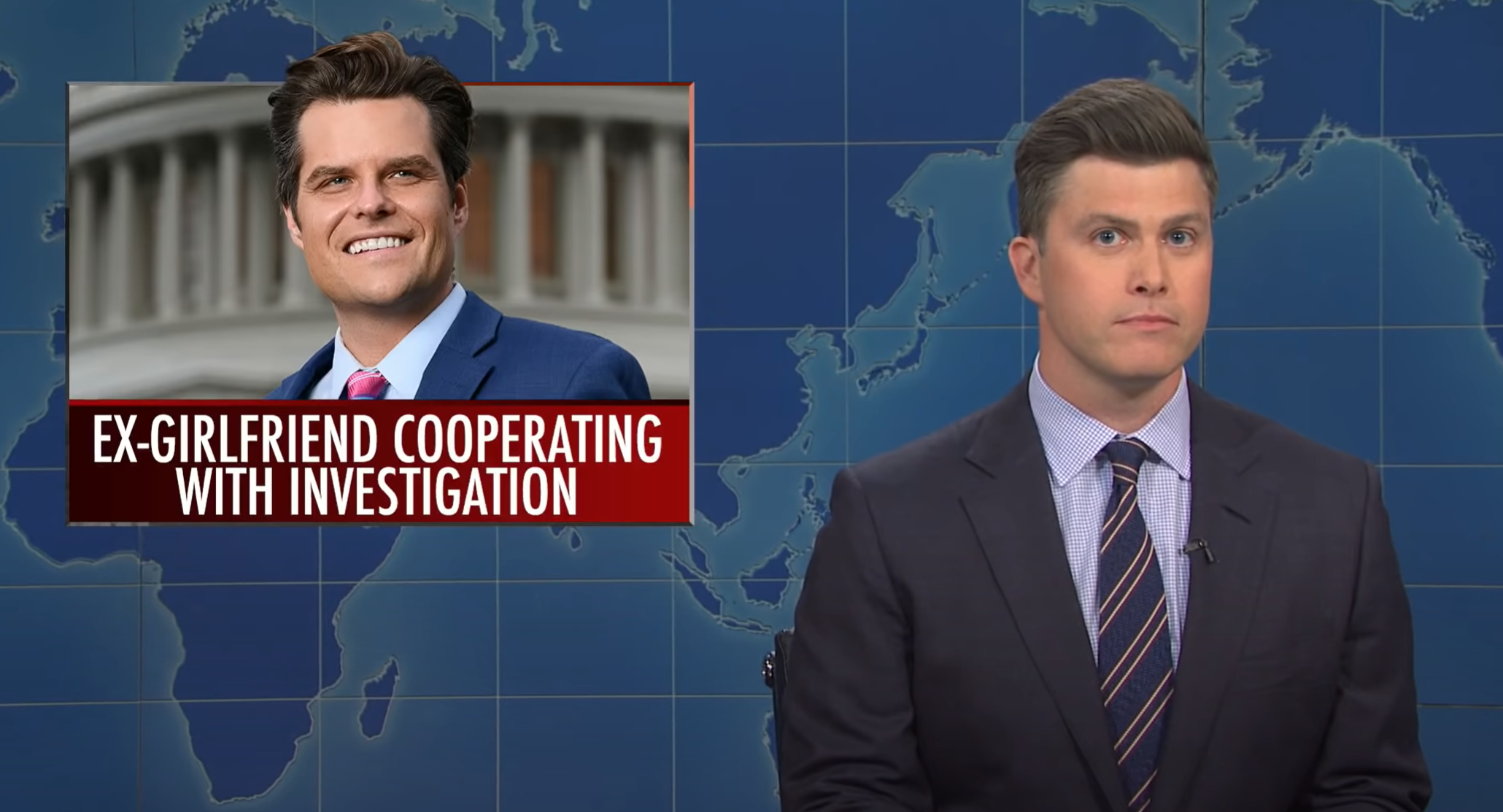 Colin Jost discusses Congressman Matt Gaetz during the Weekend Update segment of Saturday Night Live, 22 May 2021.