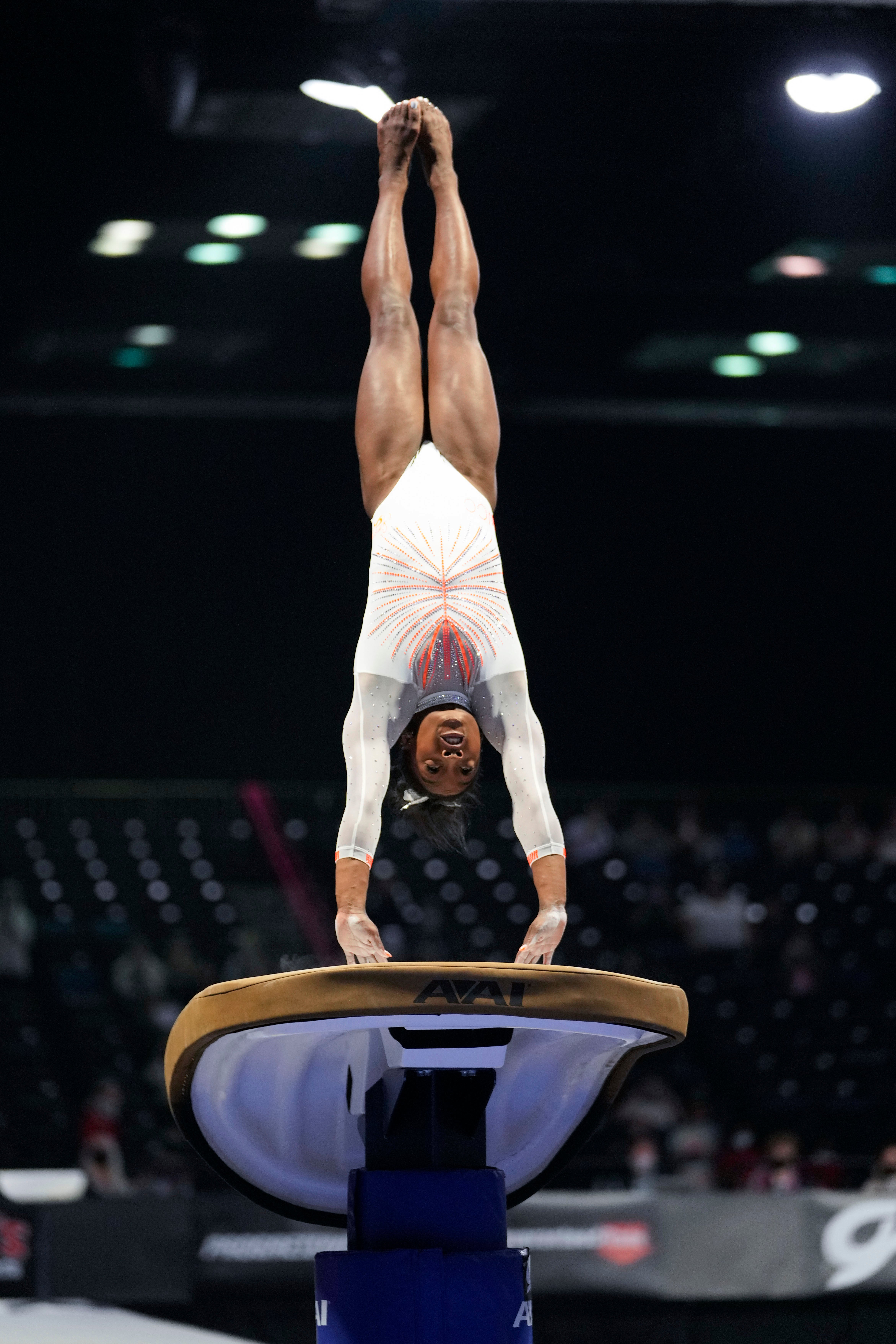 Simone Biles performs during the vault at the US Classic gymnastics event in Indianapolis, Saturday, 22 May 22, 2021