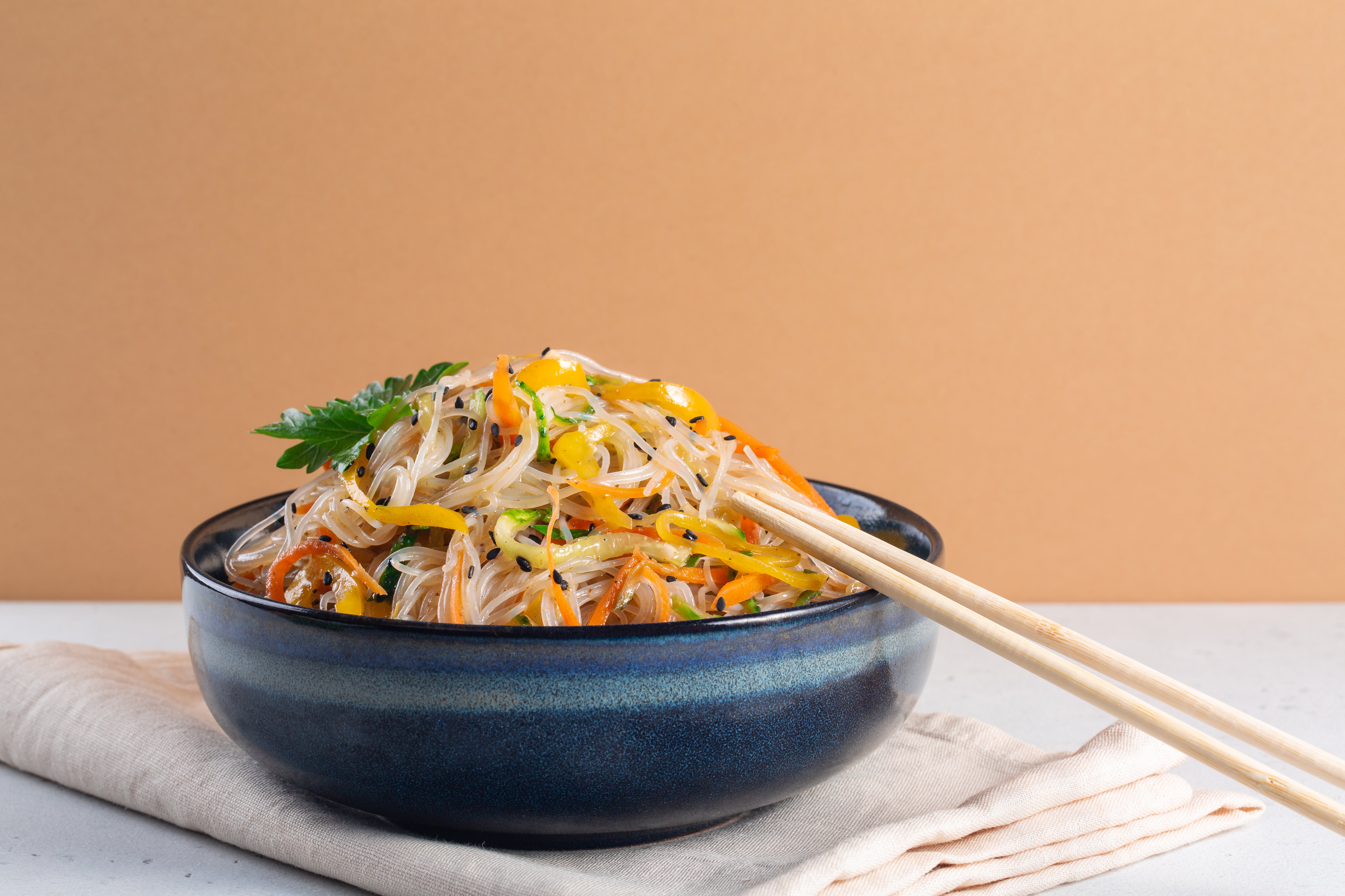 Once cooked, sweet potato (AKA glass) noodles turn translucent, light and chewy