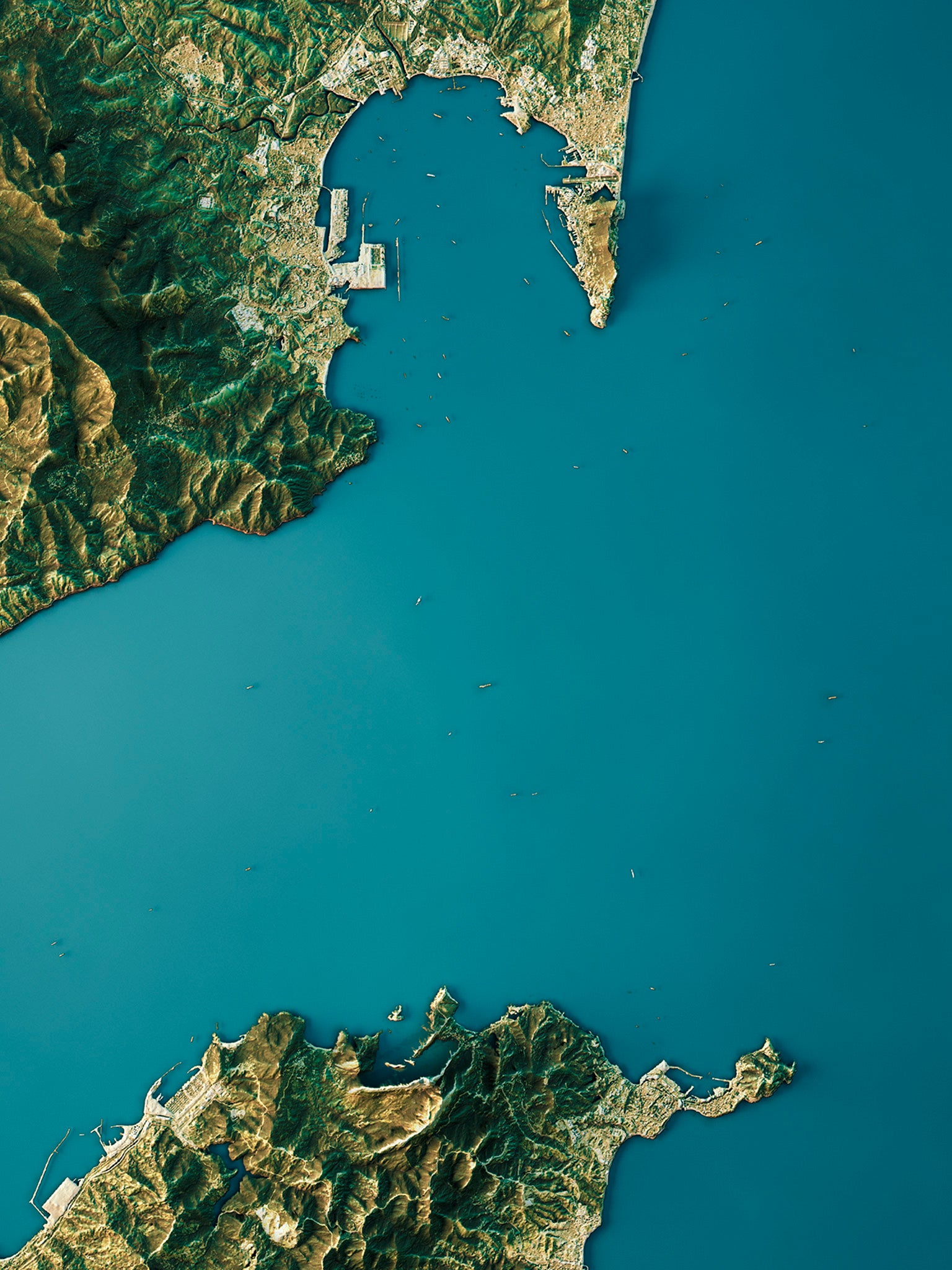 The Strait of Gibraltar, between Morocco and Spain: Gibraltar is at the top, Ceuta is in the bottom right