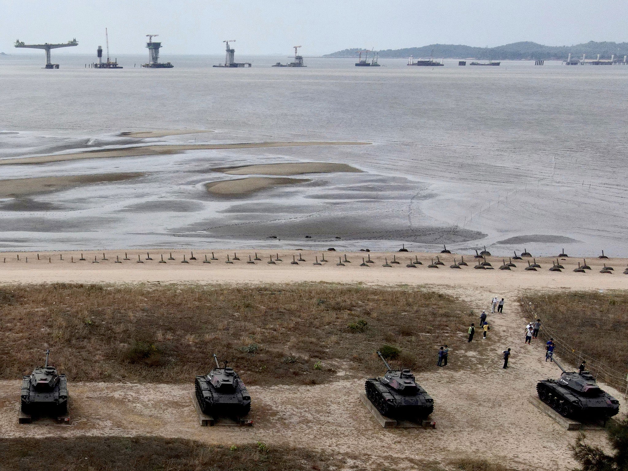 An aerial view of anti-landing spikes and retired tanks along the coast of Taiwan’s Kinmen Islands, just 3.2km off China’s mainland