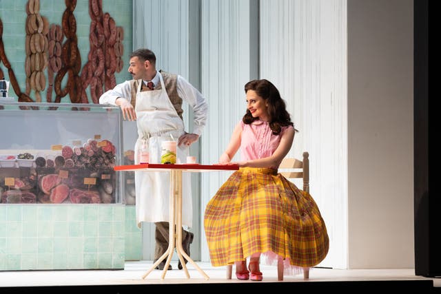 <p>Michele Angelini as Don Narciso and Elena Tsallagova as Donna Fiorilla in ‘Il turco in Italia’ at Glyndebourne</p>