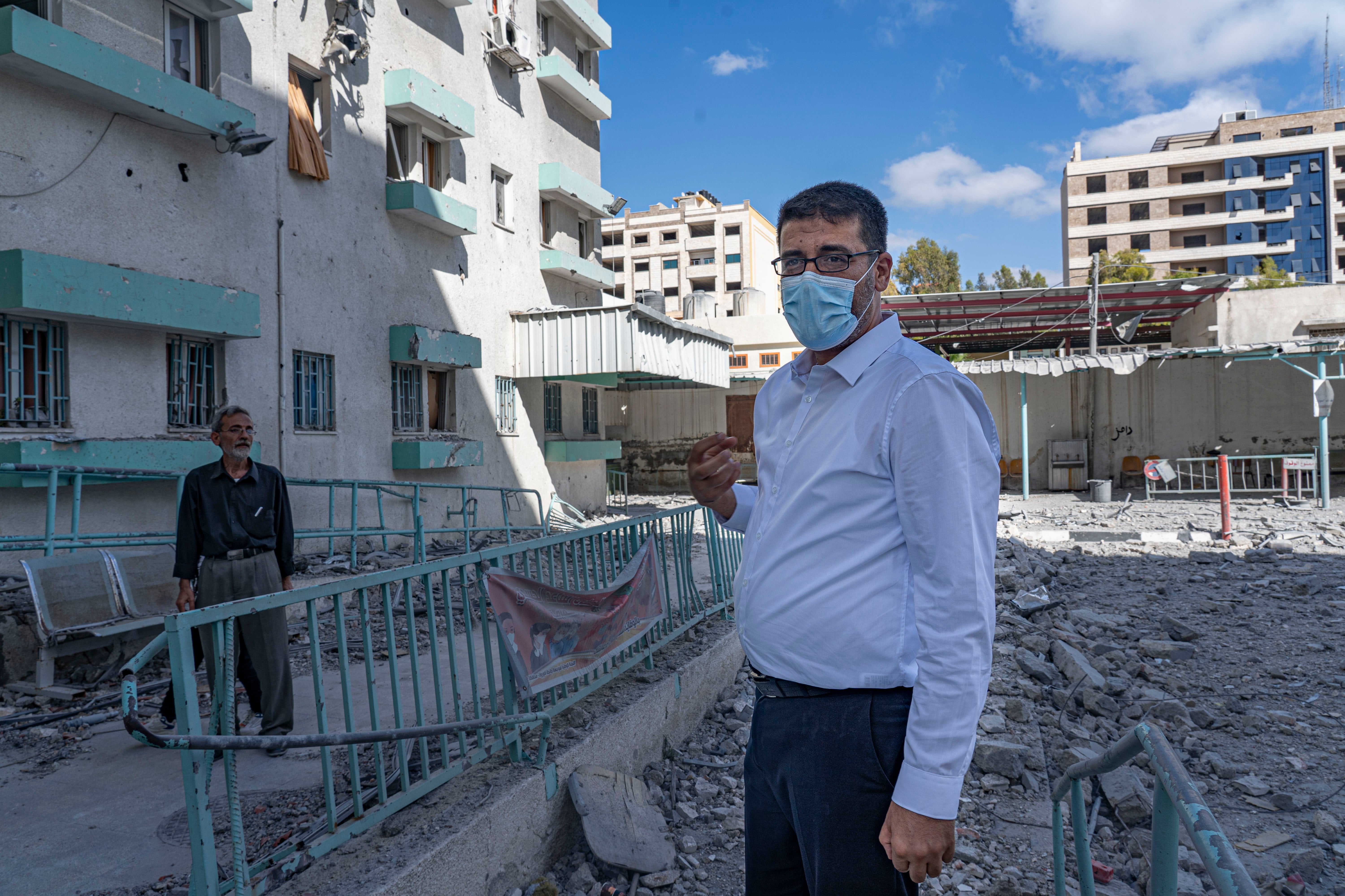 Youssef Abu Reesh, Gaza’s deputy health minister, shows ‘The Independent’ the destroyed building housing Gaza’s only Covid lab