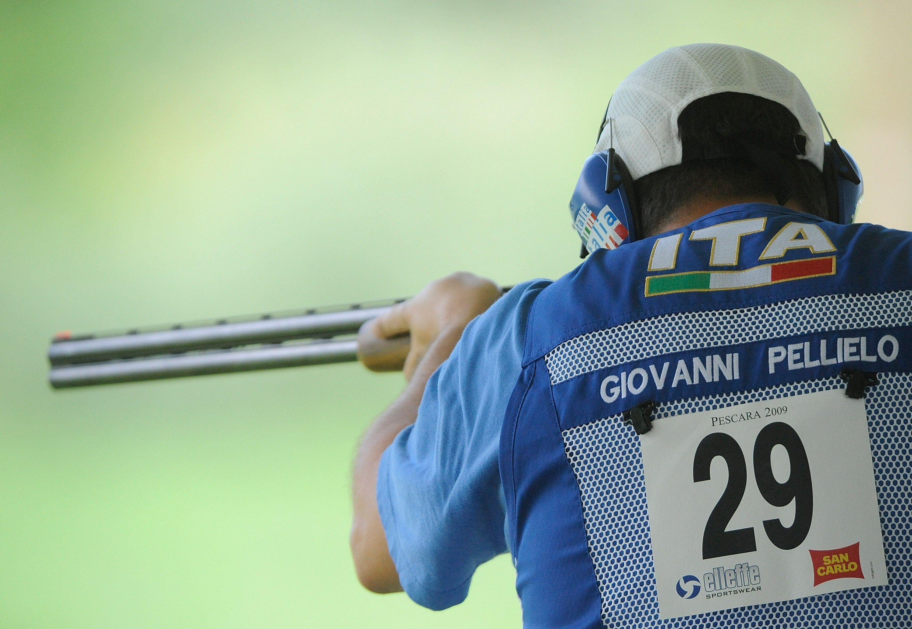 Pellielo competes in the 2009 men's trap final during the Mediterranean Games at the Manoppello shooting range in Pescara