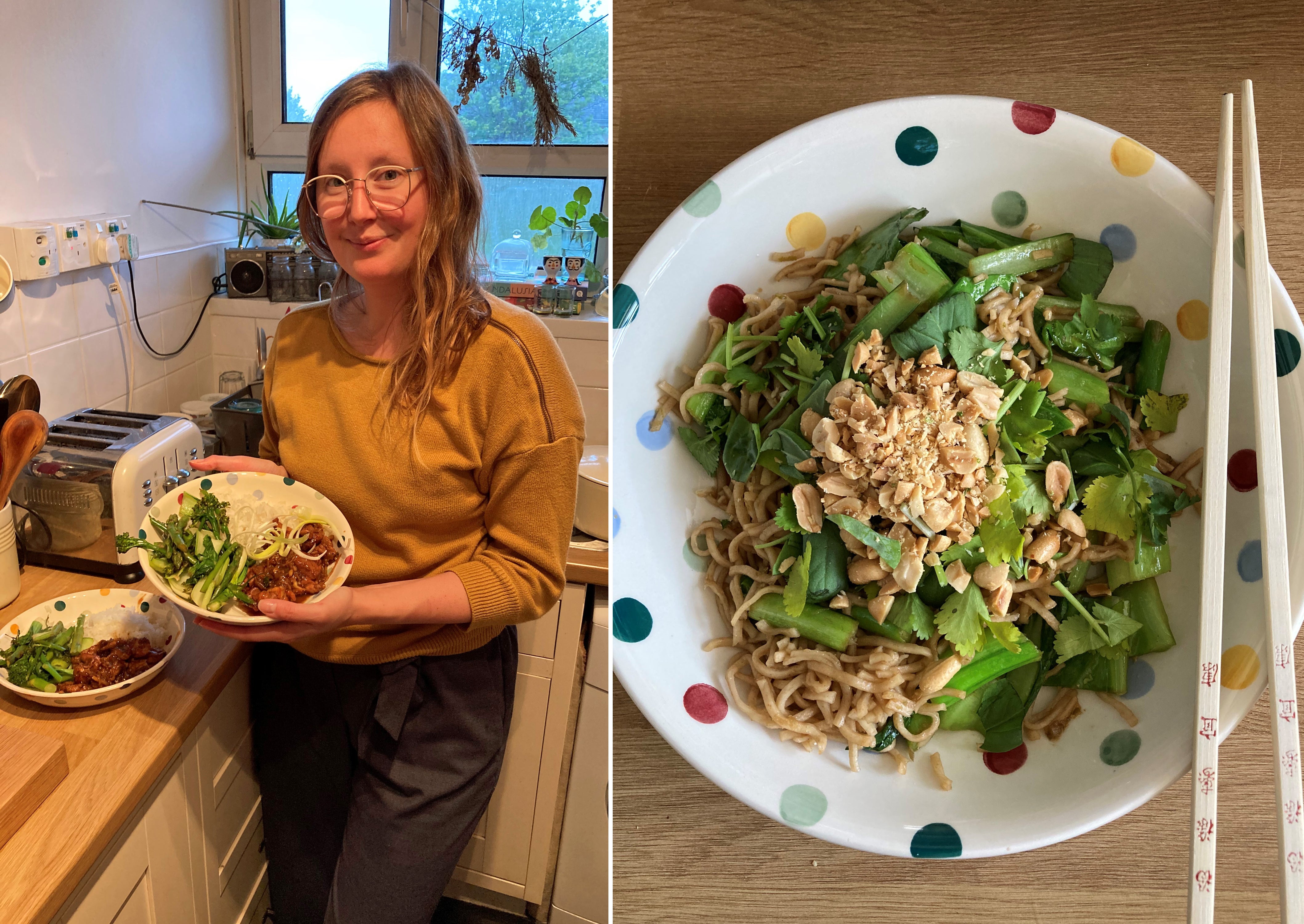 Ella with her ginger chicken and stir-fried noodles