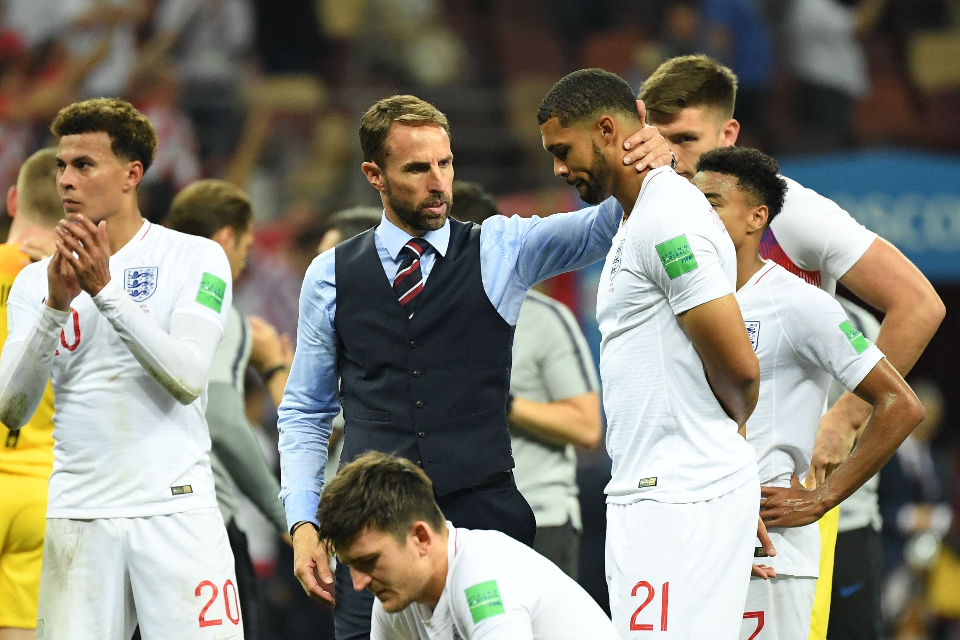 Coach Gareth Southgate consoles Ruben Loftus-Cheek after England’s World Cup exit in 2018