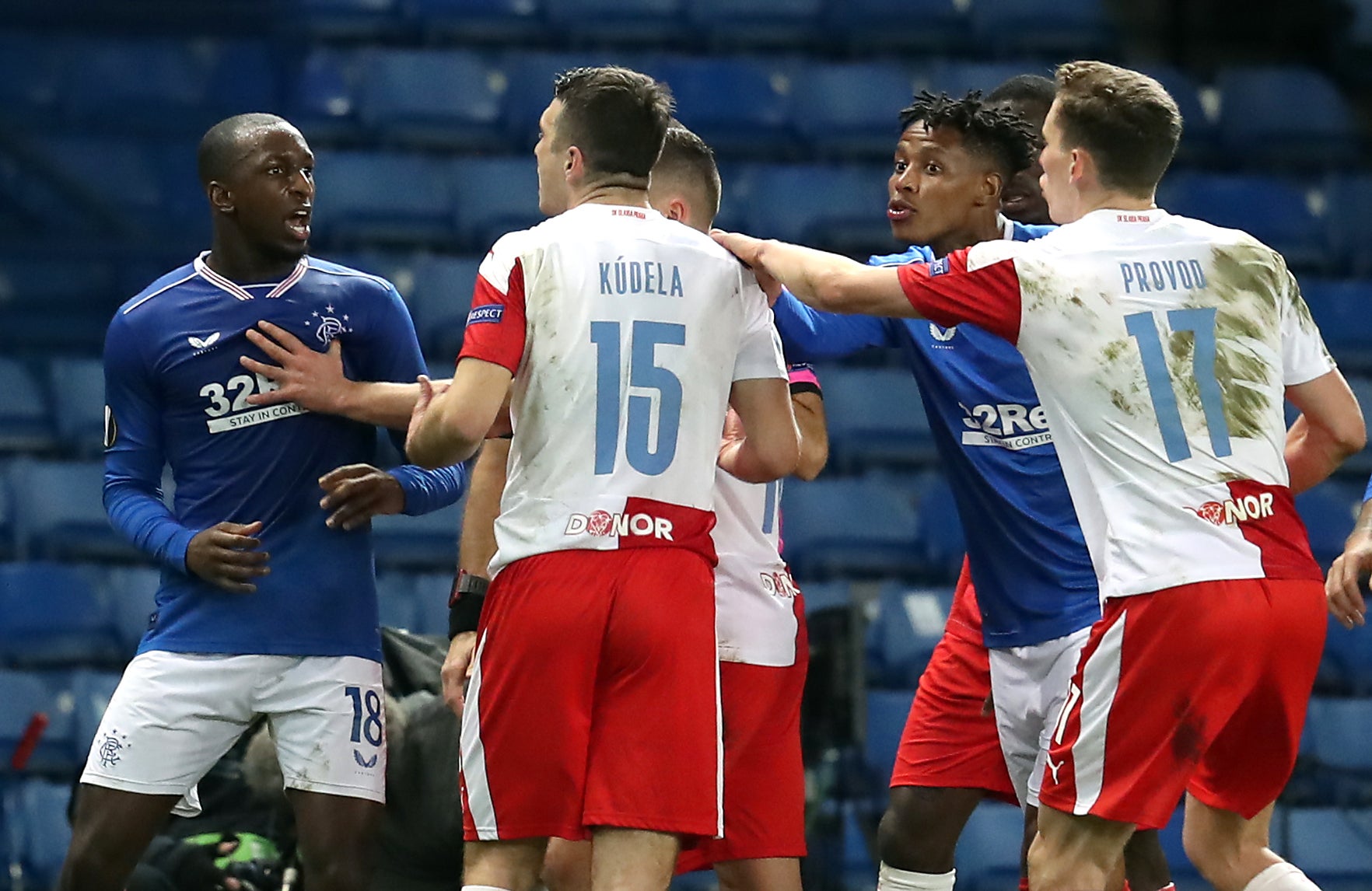 Rangers’ Glen Kamara (left) was allegedly racially abused by Slavia Prague’s Ondrej Kudela