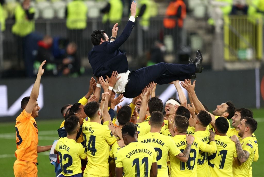 Emery celebrating his fourth Europa League triumph, with Villarreal