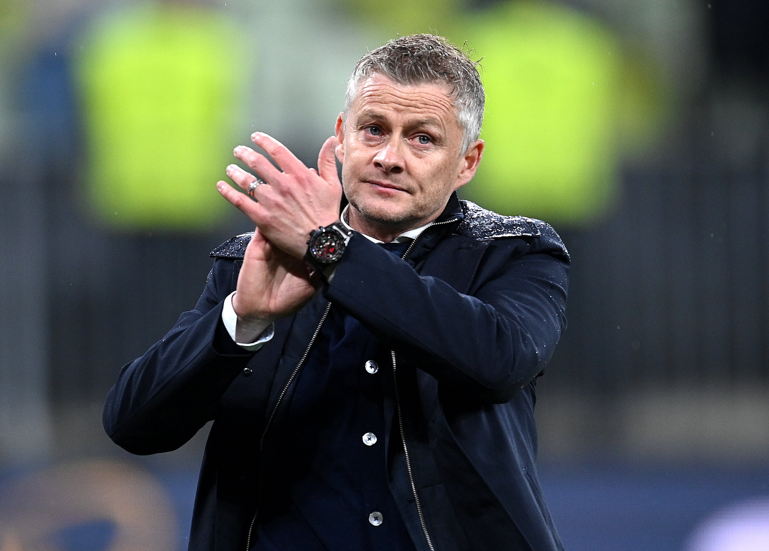 Manchester United manager Ole Gunnar Solskjaer gestures to the fans after the UEFA Europa League final, at Gdansk Stadium