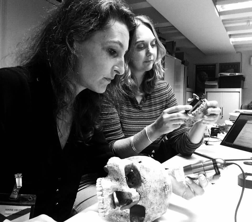 Dr Marie-Hélène Dias-Meirinho (left), Dr Isabelle Crevecoeur carry out microscopic analysis of bone lesions on the Jebel Sahaba victims at the Egypt and Sudan Department of the British Museum