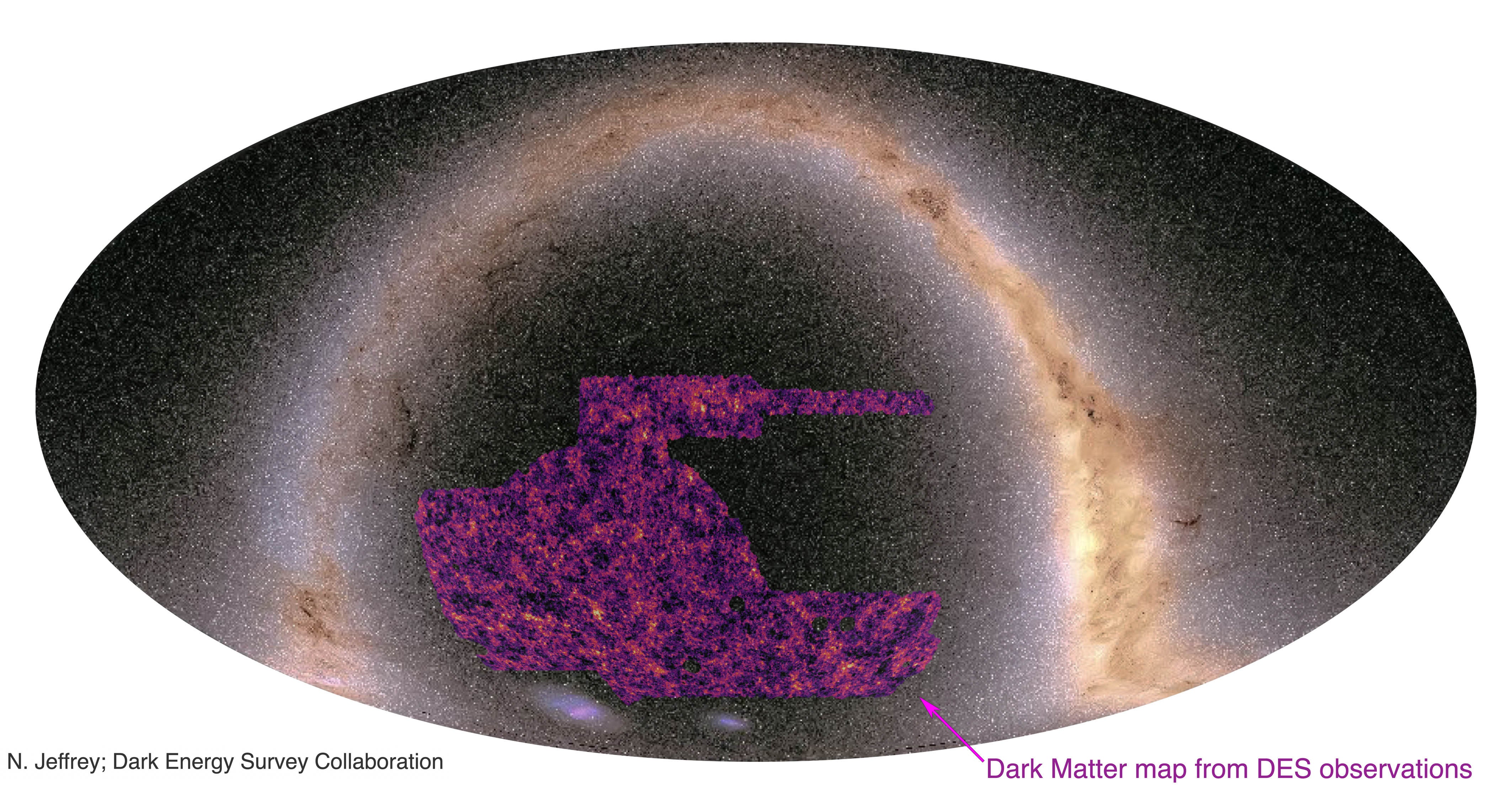 The lightest areas of the map show the regions where darkmatter is most dense. These correspond to superclusters of galaxies. The dark, almost black patches are cosmic voids, the large empty spaces in between clusters of galaxies. The map has been superimposed on an image of the Milky Way.