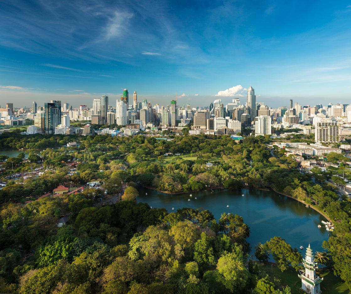 Lumphini Park and the downtown Bangkok skyline