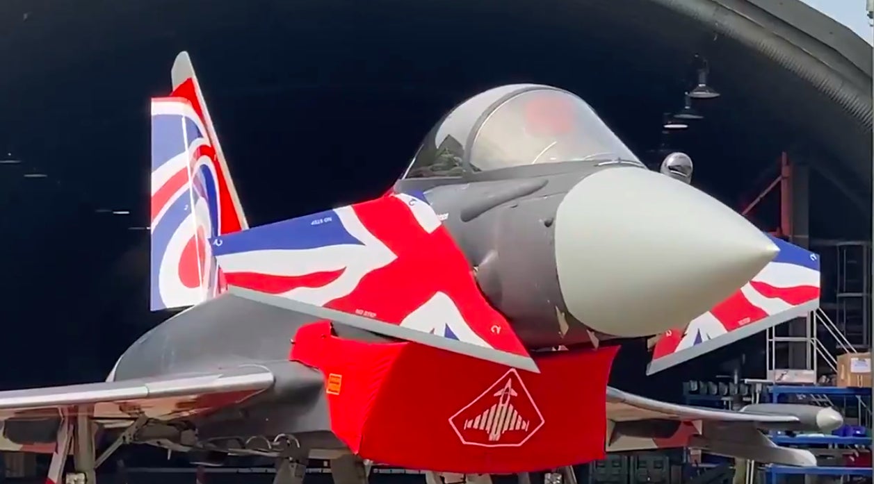 The Royal Air Force unveiled a new paint job for the Typhoon Eurofighter display jet - in new red, white and blue of the British flag