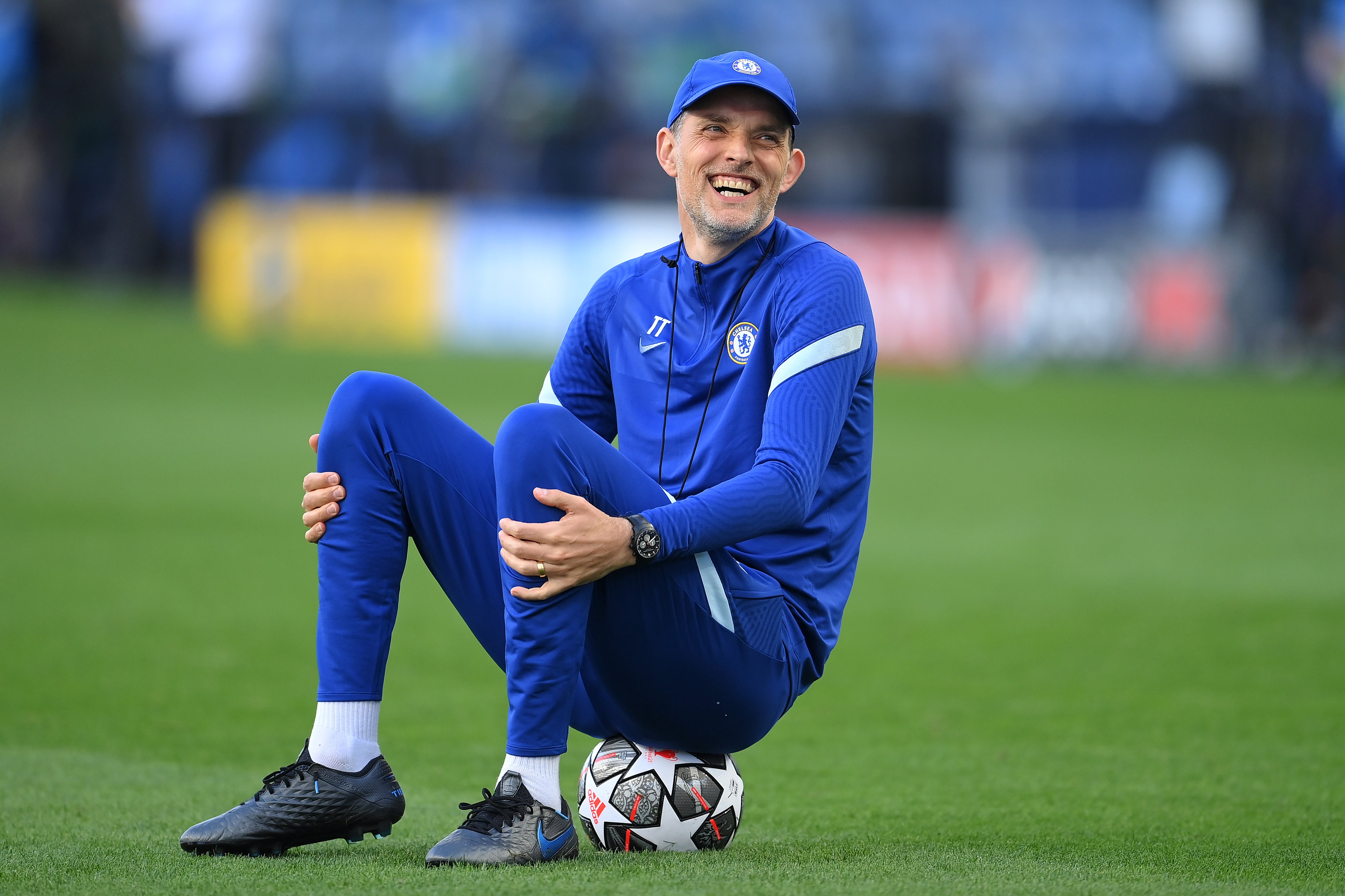 Thomas Tuchel laughs during Chelsea training before the Champions League final