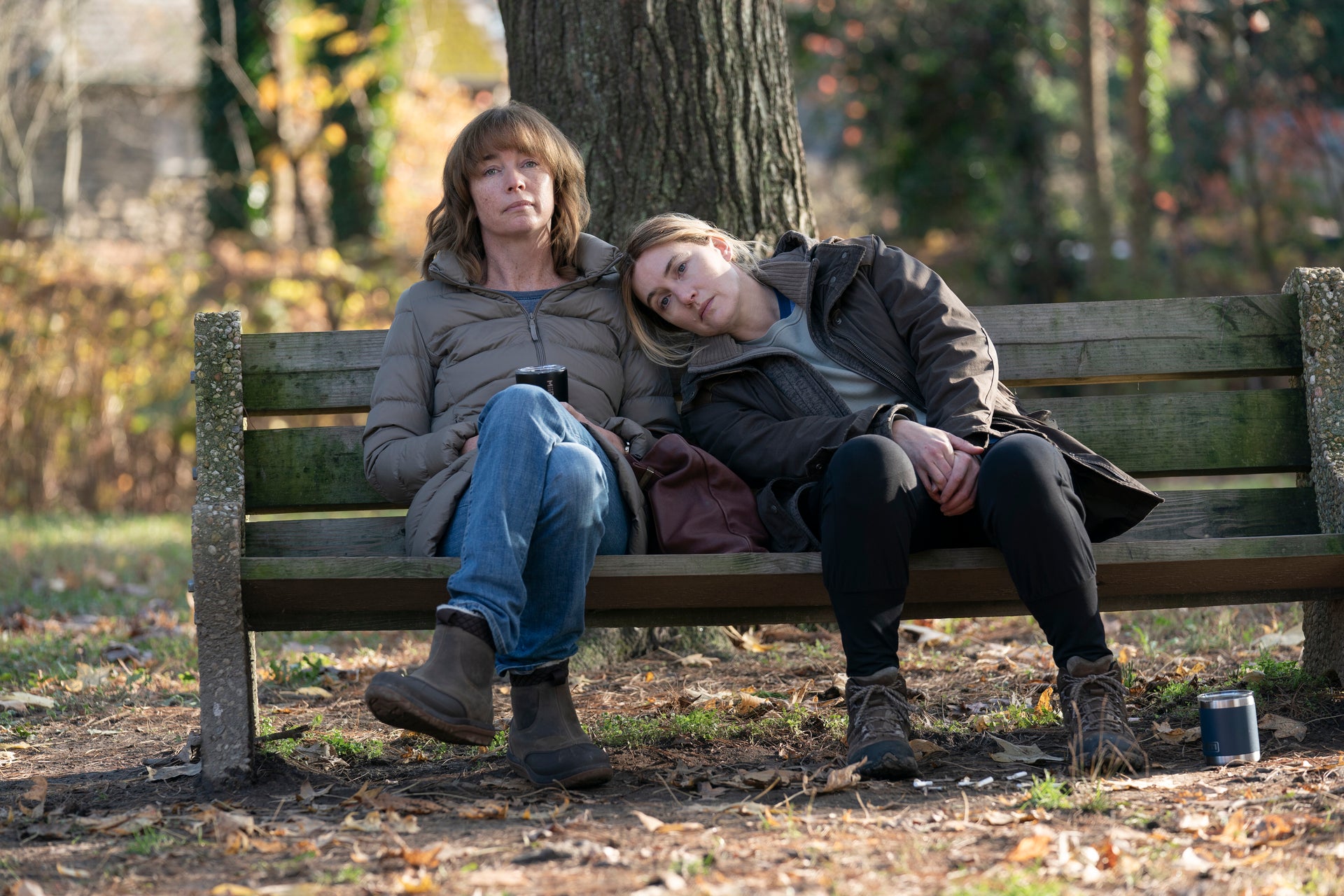 Julianne Nicholson and Kate Winslet in a scene from 'Mare of Easttown’