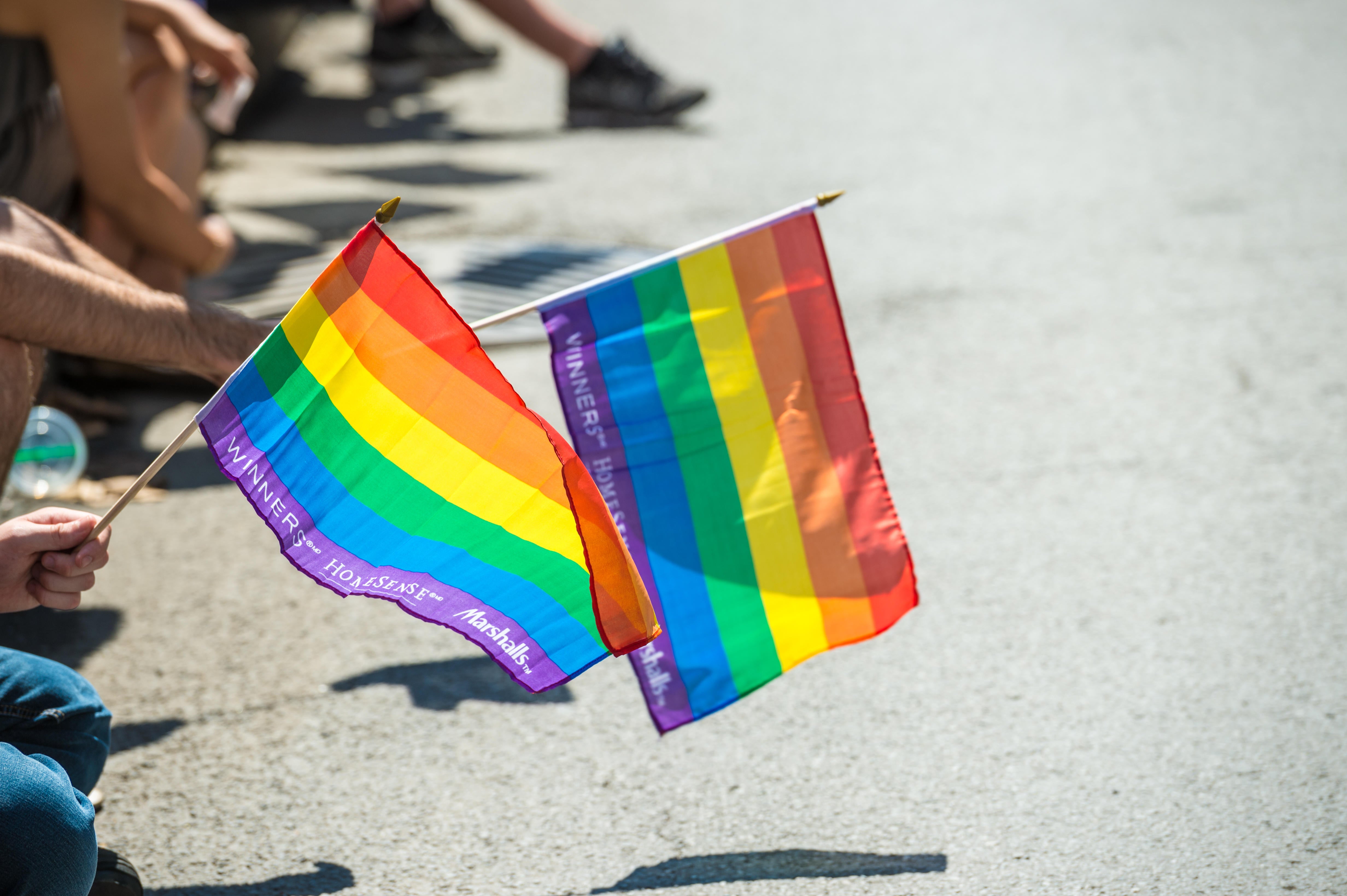 Gay Pride spectators carrying Rainbow gay flags during Montreal Pride March