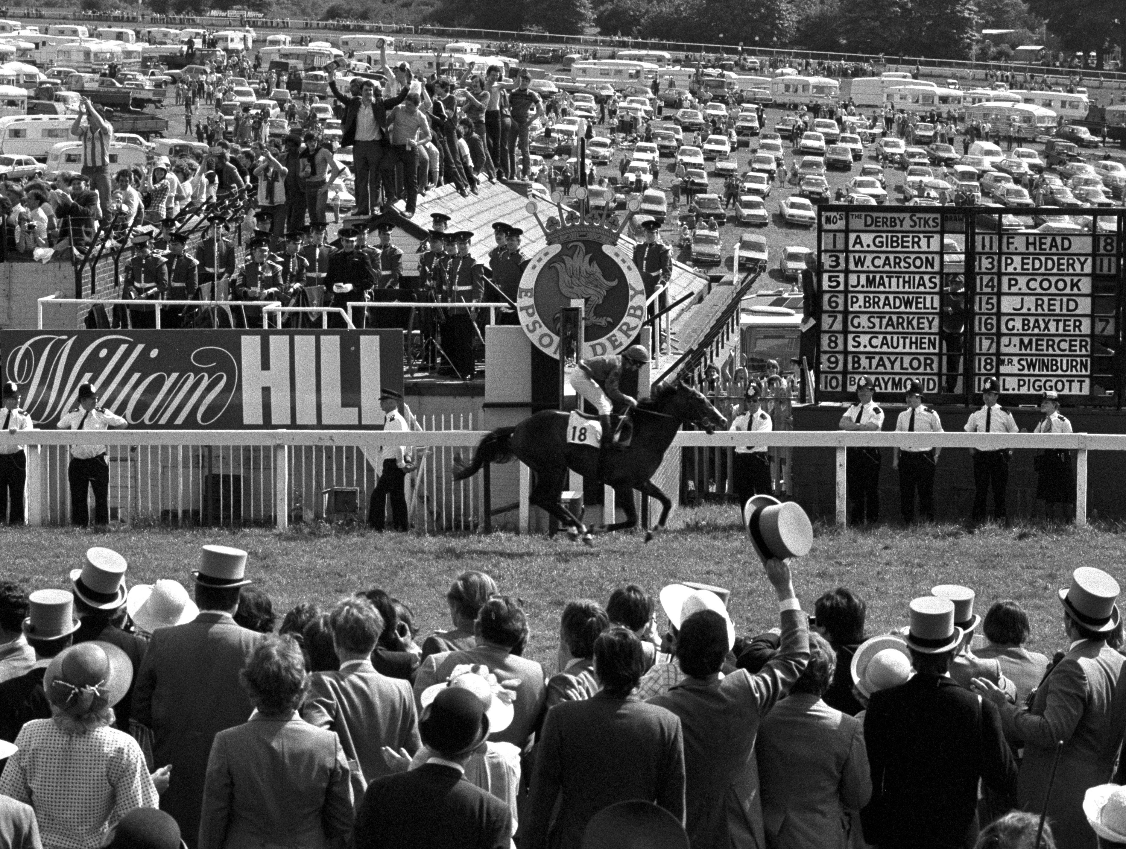 Shergar and Walter Swinburn cross the line well clear to win the Derby by a record margin in 1981