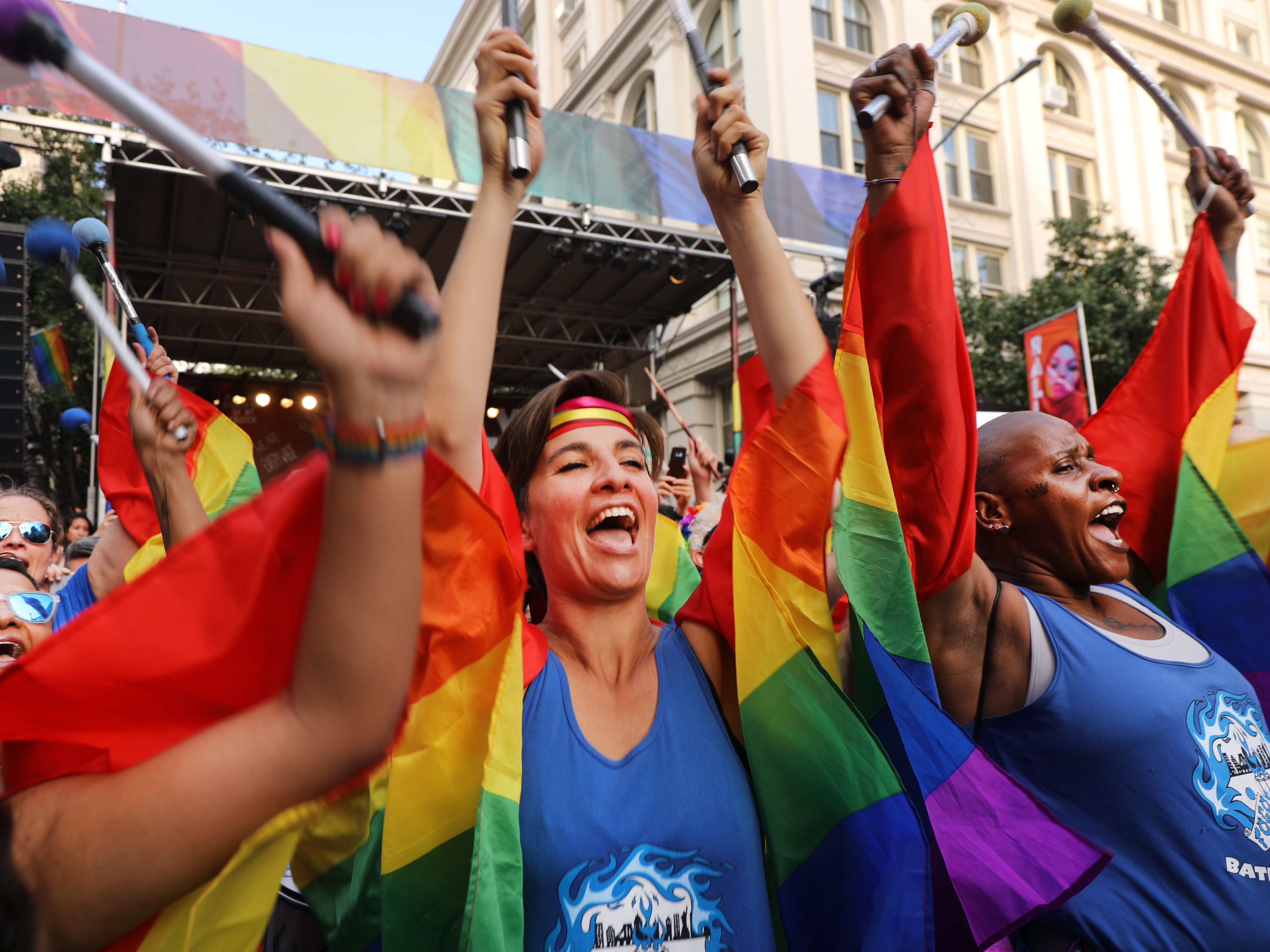 Drummers join revelers as they gather in front of the Stonewall Inn to listen to speakers on June 28, 2019 in New York City.