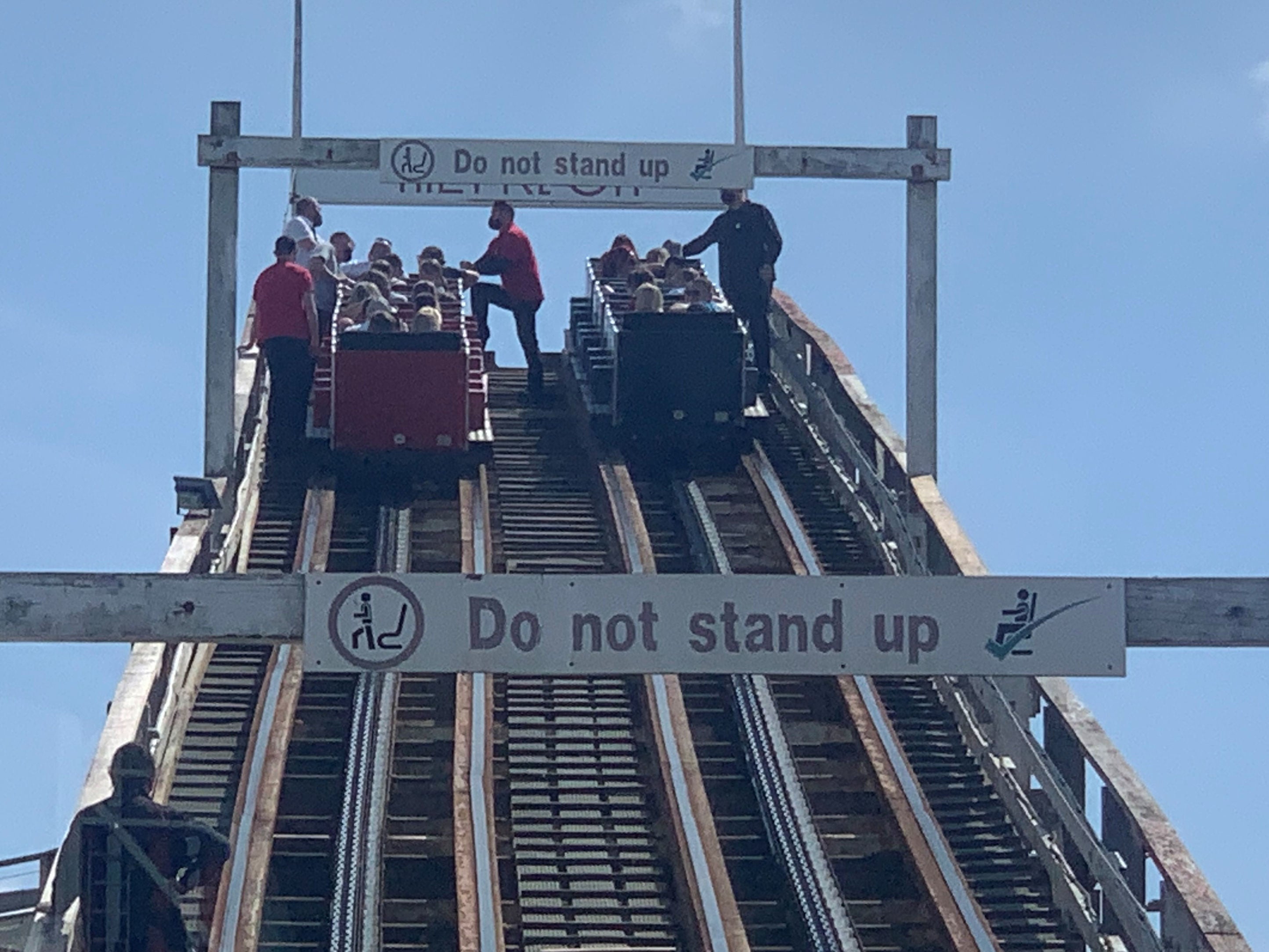 Visitors had to be guided down from the Grand National rollercoaster ride at Blackpool Pleasure Beach, Lancashire, on Tuesday afternoon