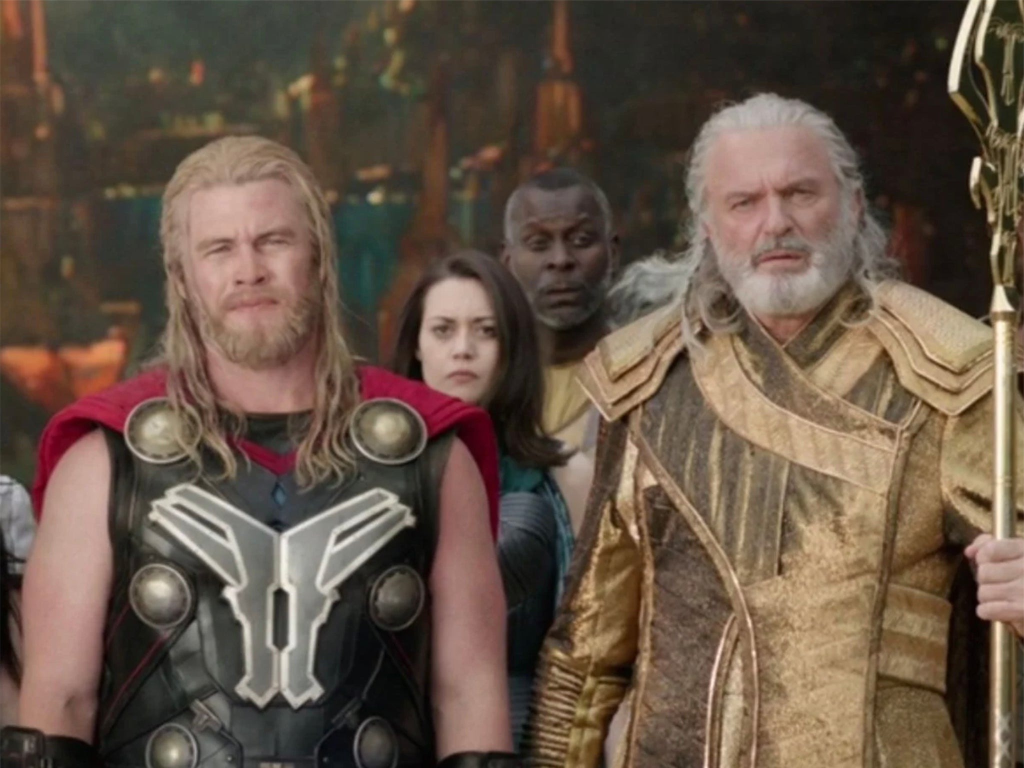 Luke Hemsworth and Sam Neill as Asgardian actors in Thor: Ragnarok