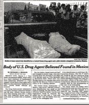 A New York Times article from 1985 declaring that two bodies found in Guadalajara were that of Camarena and his pilot Alfredo Zavala Avelar