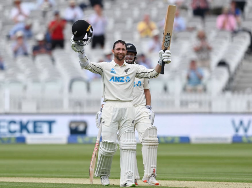 Devon Conway celebrates reaching his century