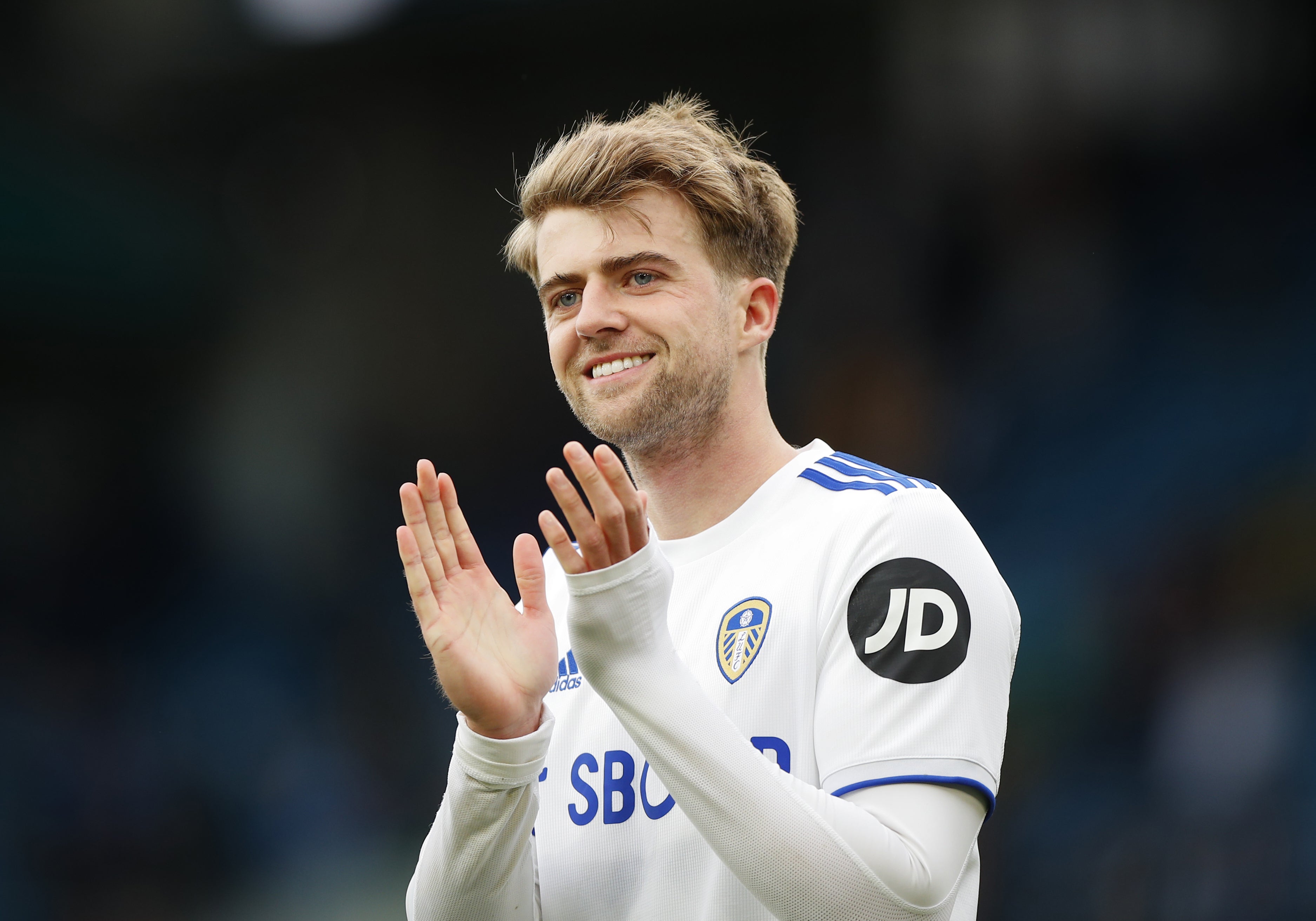 Leeds striker Patrick Bamford applauds