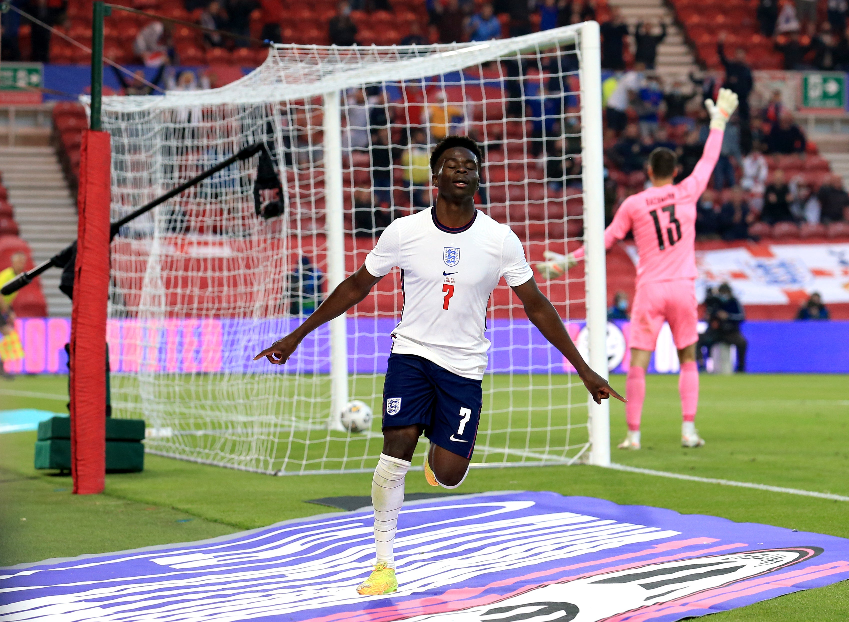 Bukayo Saka scored his first England goal in Wednesday's friendly win over Austria