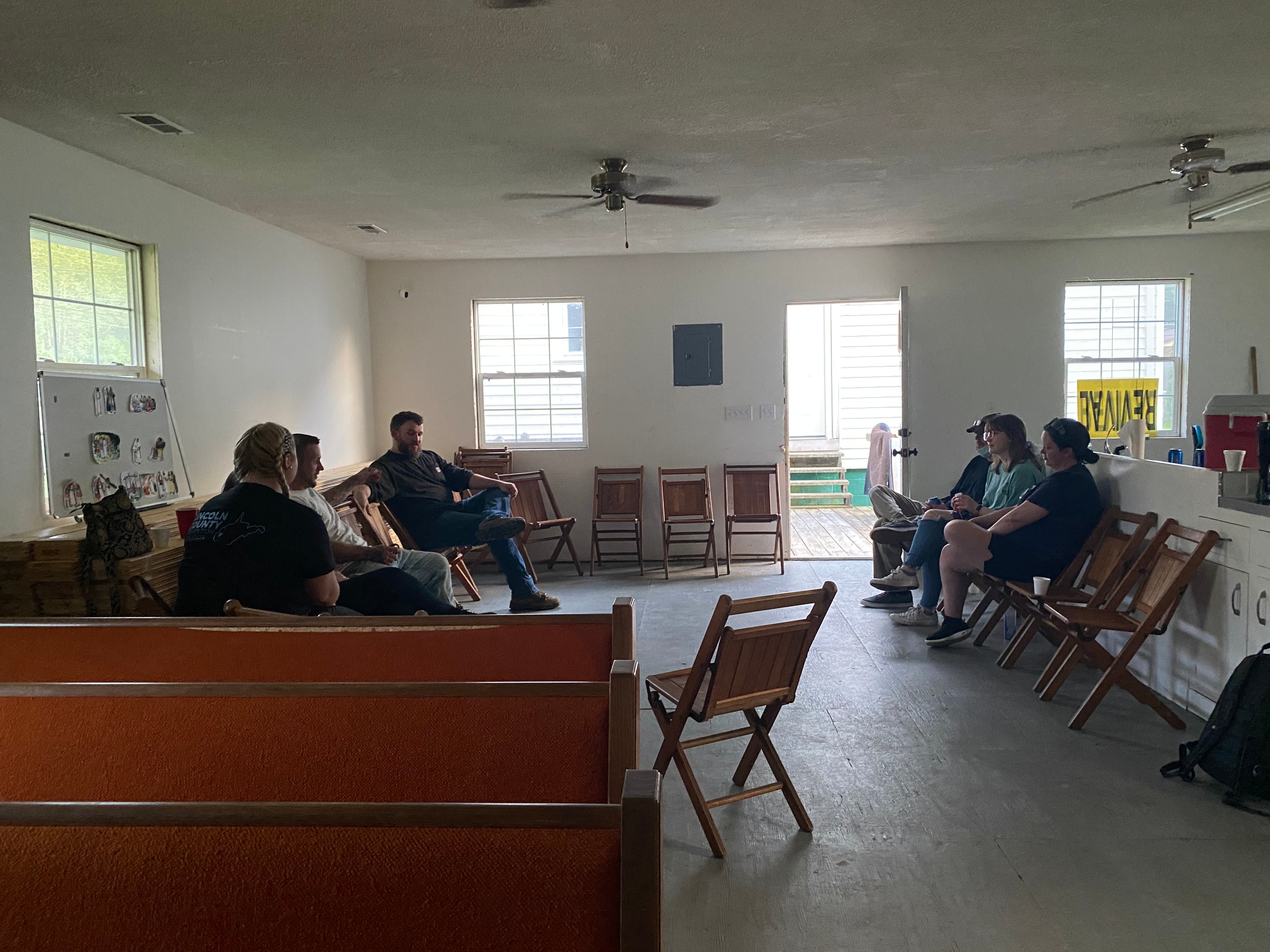 A recovery meeting at Daniel Adkins’ church in East Lynn, West Virginia