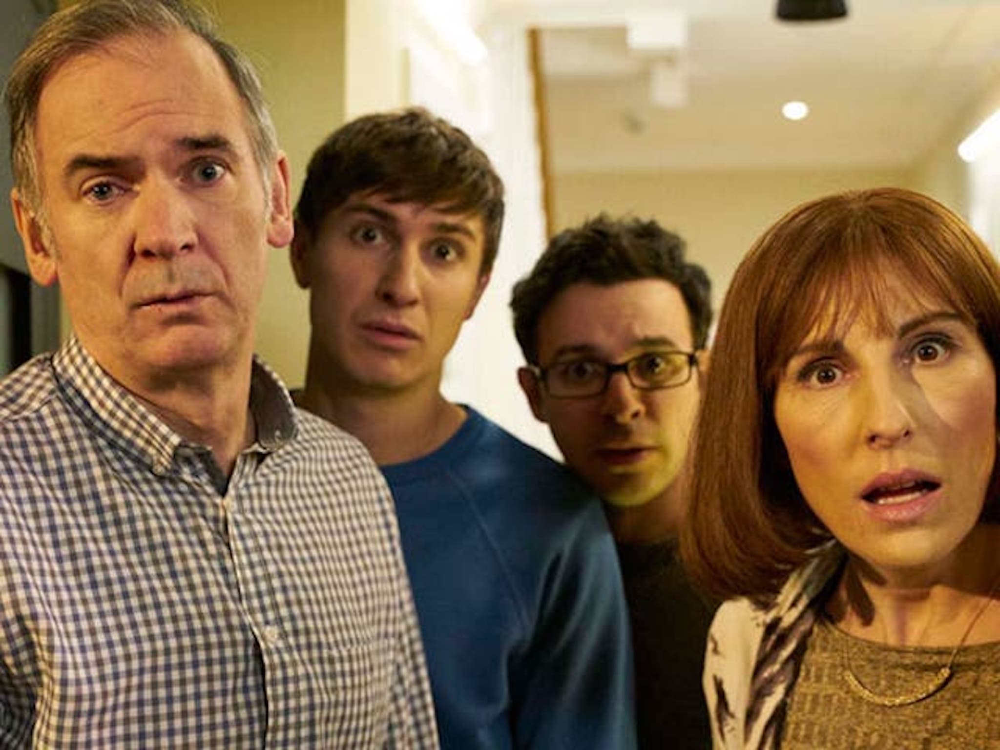 Paul Ritter, Tom Rosenthal, Simon Bird and Tamsin Greig in ‘Friday Night Dinner’