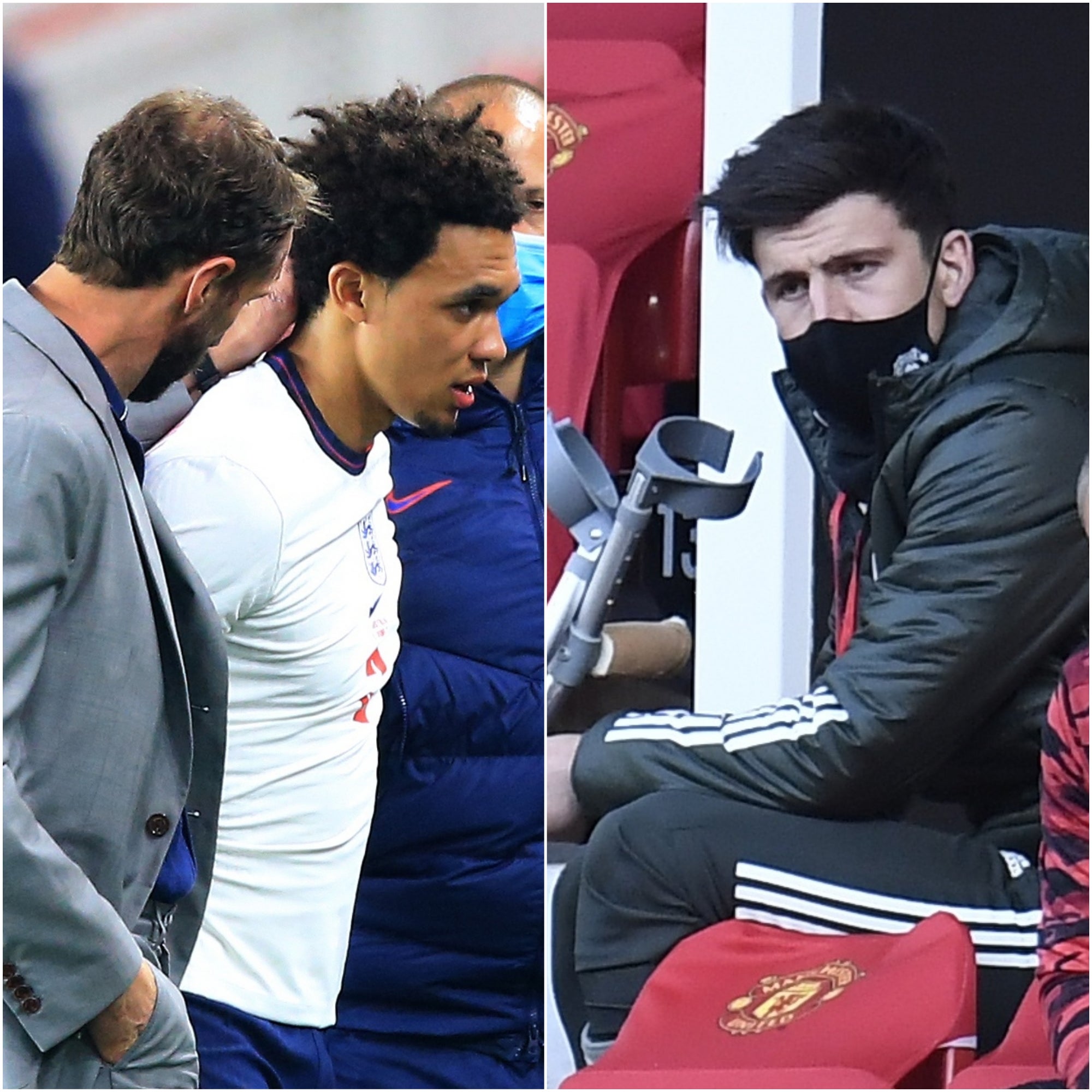 Gareth Southgate consoles Trent Alexander-Arnold, left image, while Harry Maguire waits on crutches