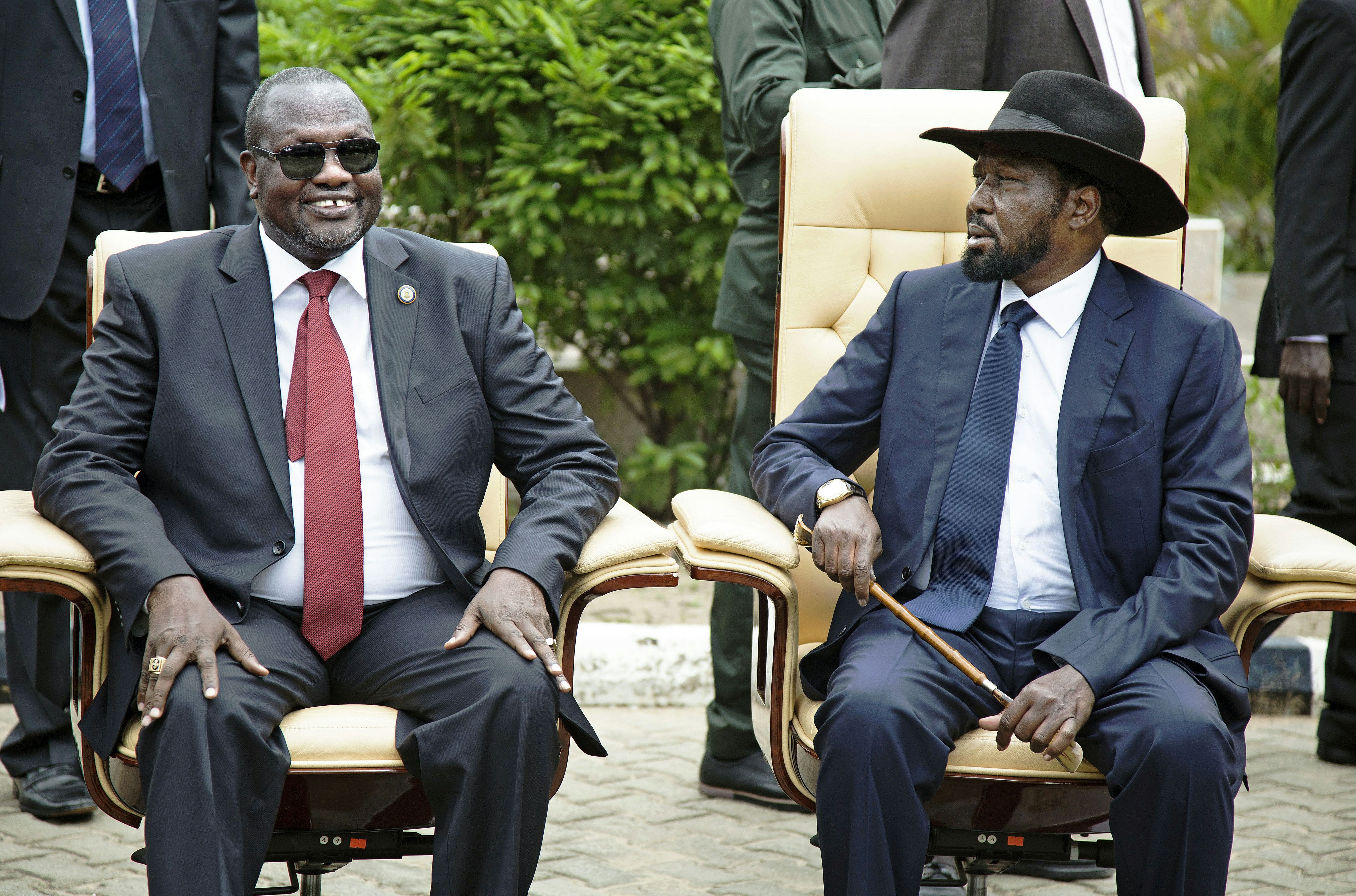 First vice president of South Sudan and former rebel leader Riek Machar and president Salva Kiir at a photoshoot in 2016 for members of the new cabinet of the Transitional Government