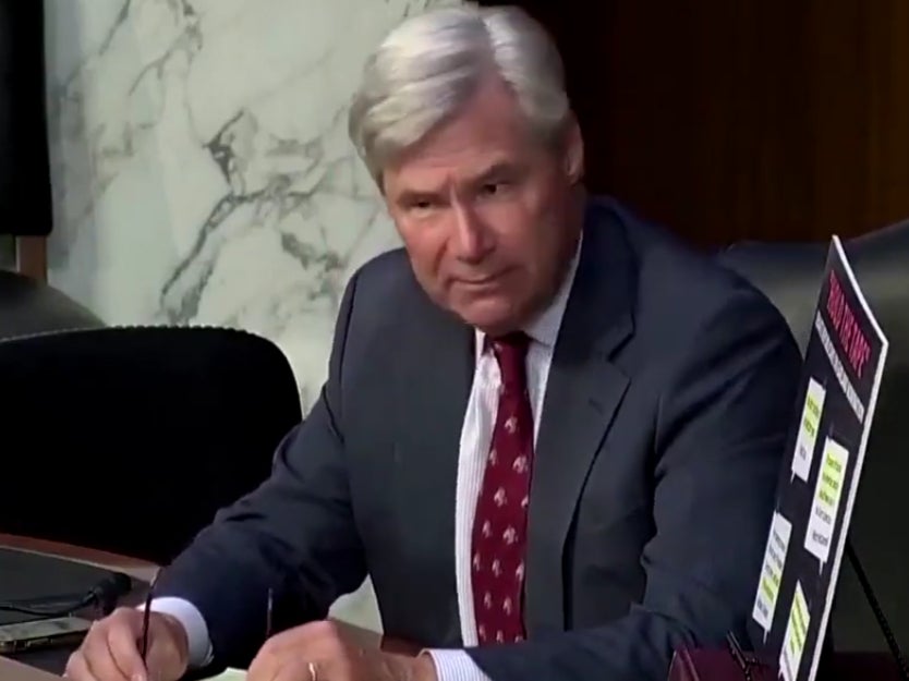 US Senator Sheldon Whitehouse of Rhode Island during a Senate hearing. Mr Whitehouse expressed concerns that not enough was being done in Congress to combat climate change.