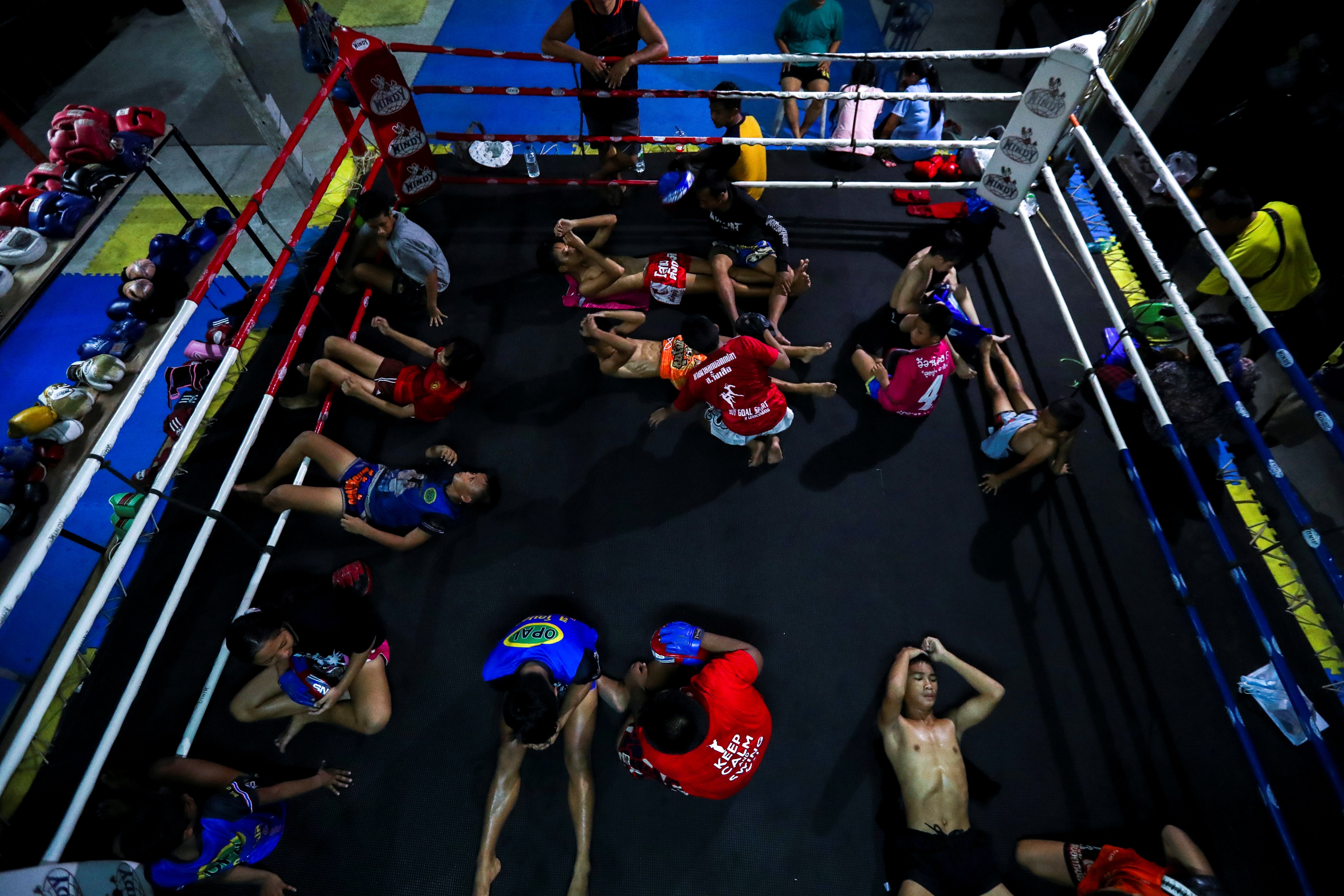 Child muay thai boxers train at a boxing gym in Chachoengsao province