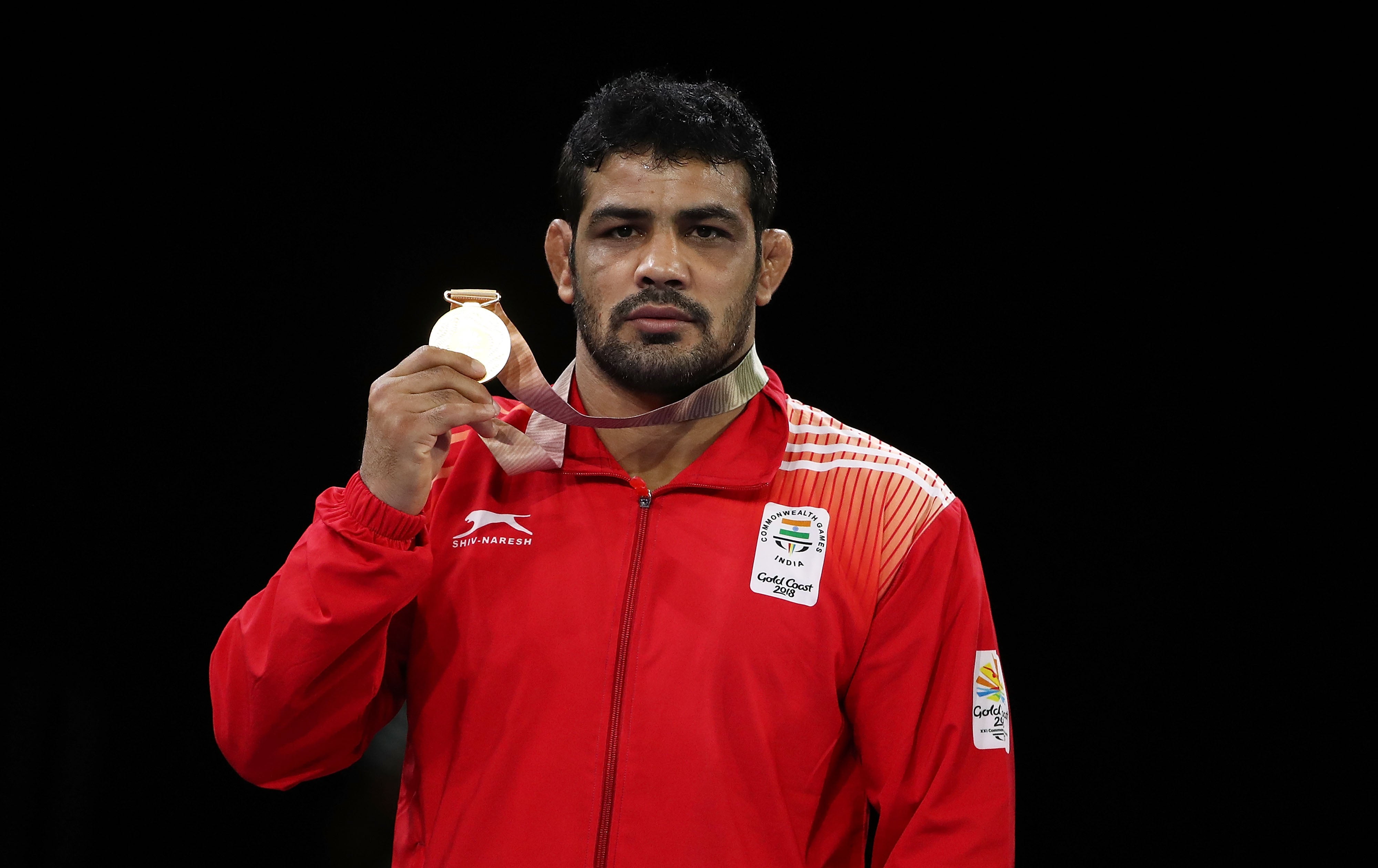 India’s gold medalist Sushil Kumar poses during the medal ceremony for the Men’s Freestyle 74 kg during the Wrestling on day eight of the Gold Coast 2018 Commonwealth Games at Carrara Sports and Leisure Centre