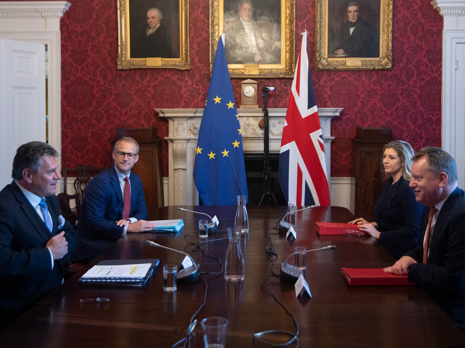 David Frost, right, speaks to his EU counterpart Maros Sefcovic earlier this month. There have been many, many discussions over Brexit during the last five years